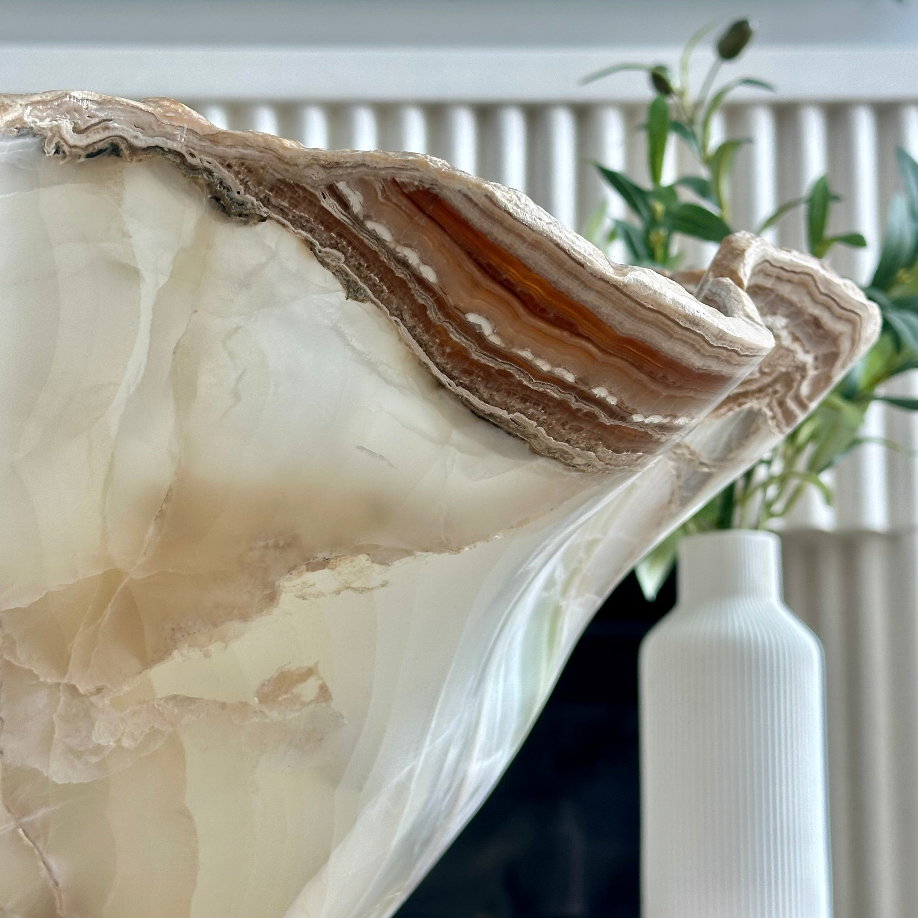Large Hand-Carved Clear & White Onyx Bowl with Hints of Green and Amber