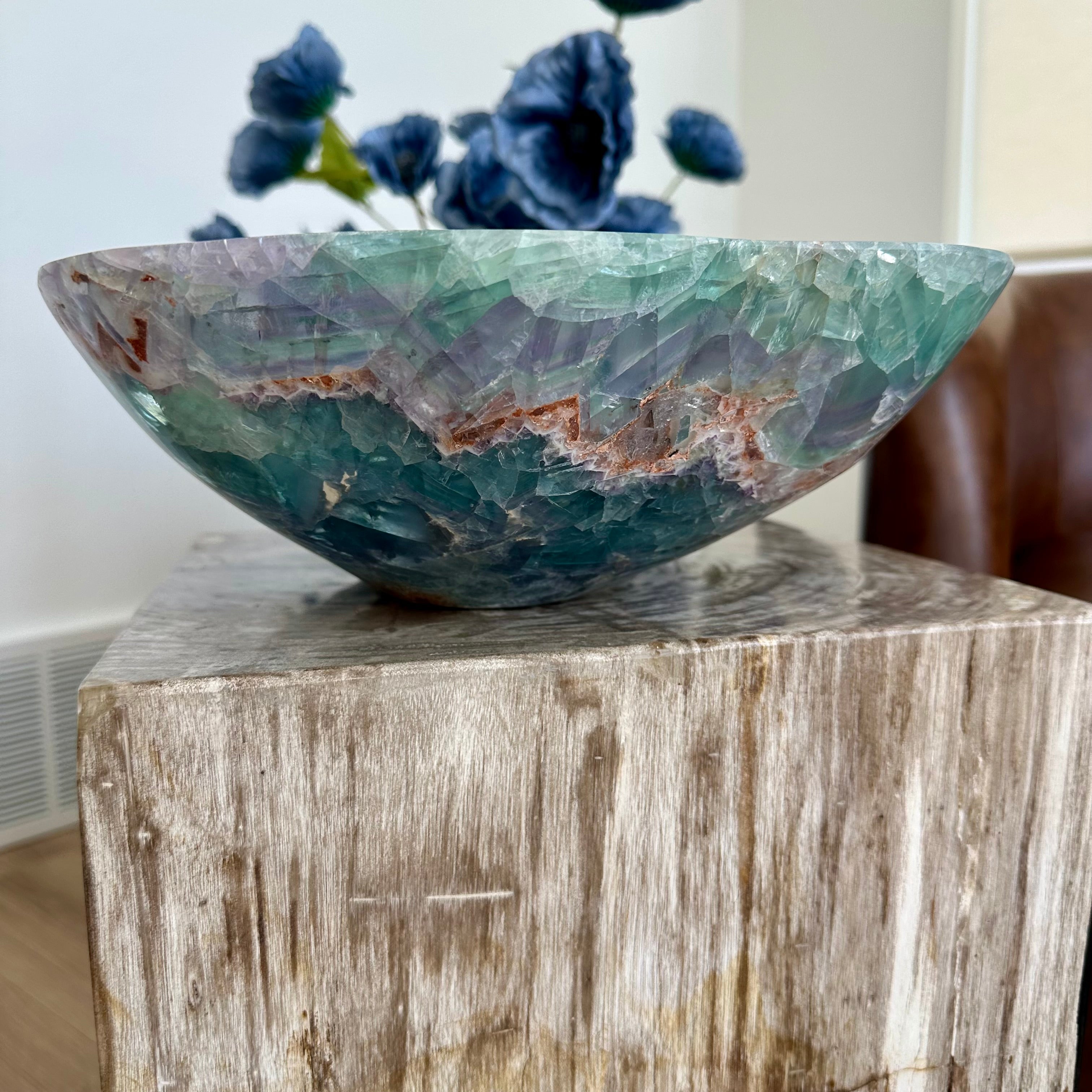 Natural Fluorite Bowl – Hand Carved Crystal Bowl for Home Decor, Charging, or Altar | Green Purple Gemstone