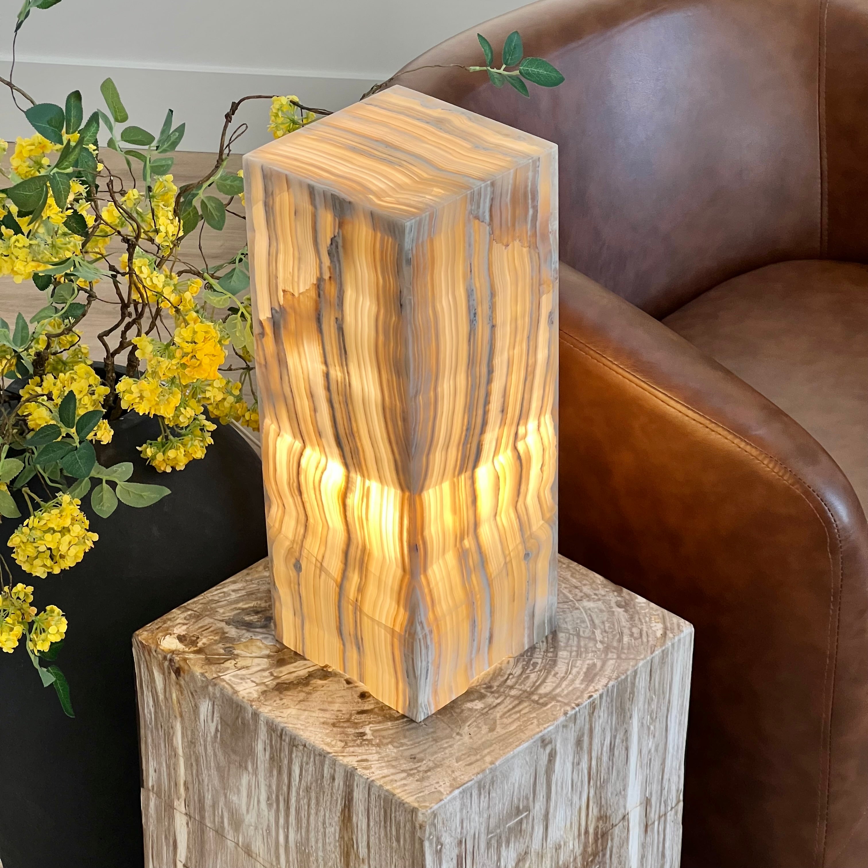 Gray & Amber Handcrafted Natural Onyx Stone Lamp – Rectangular Column