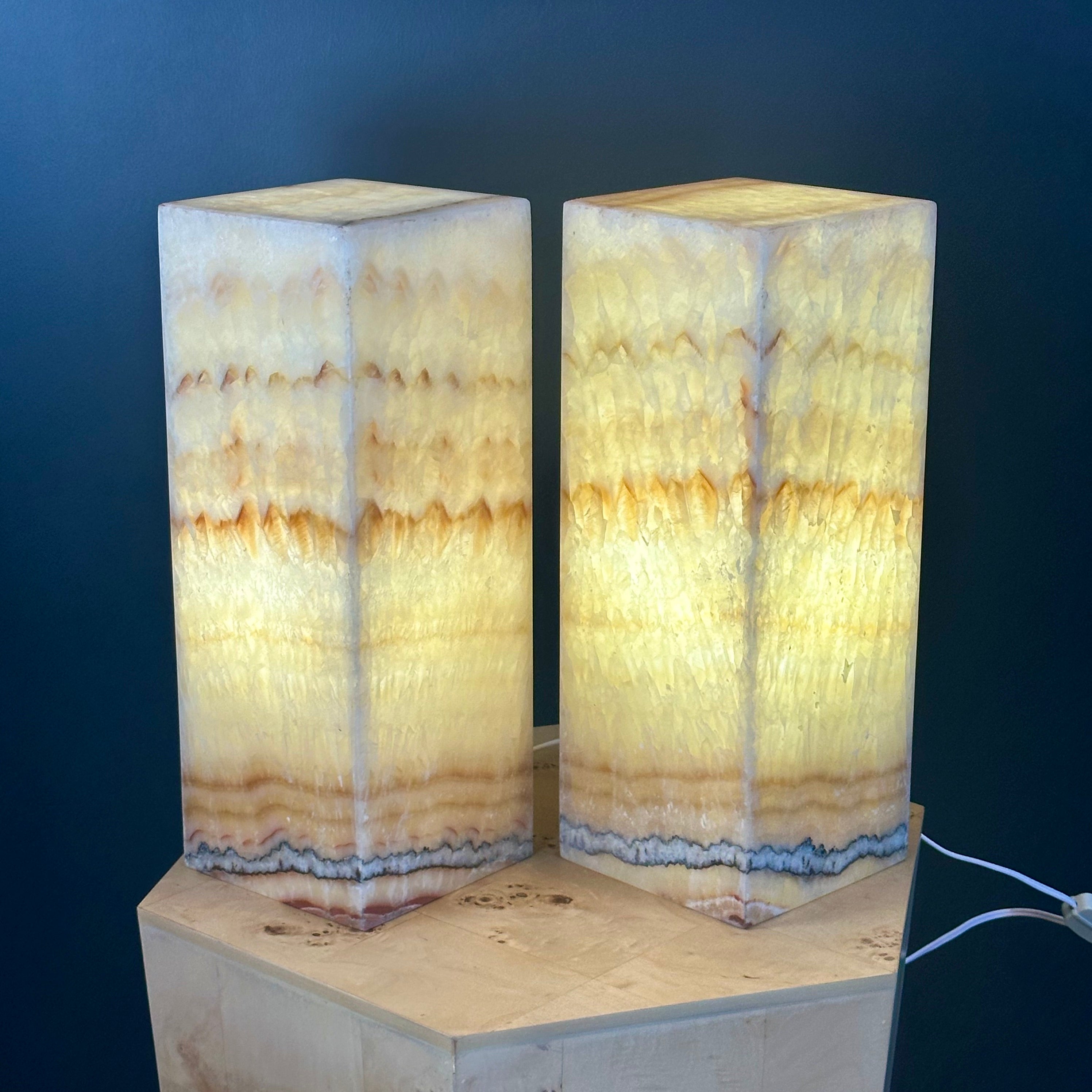 Beige Banded Onyx Lamps - Set of 2 Elegant Natural Stone Lighting