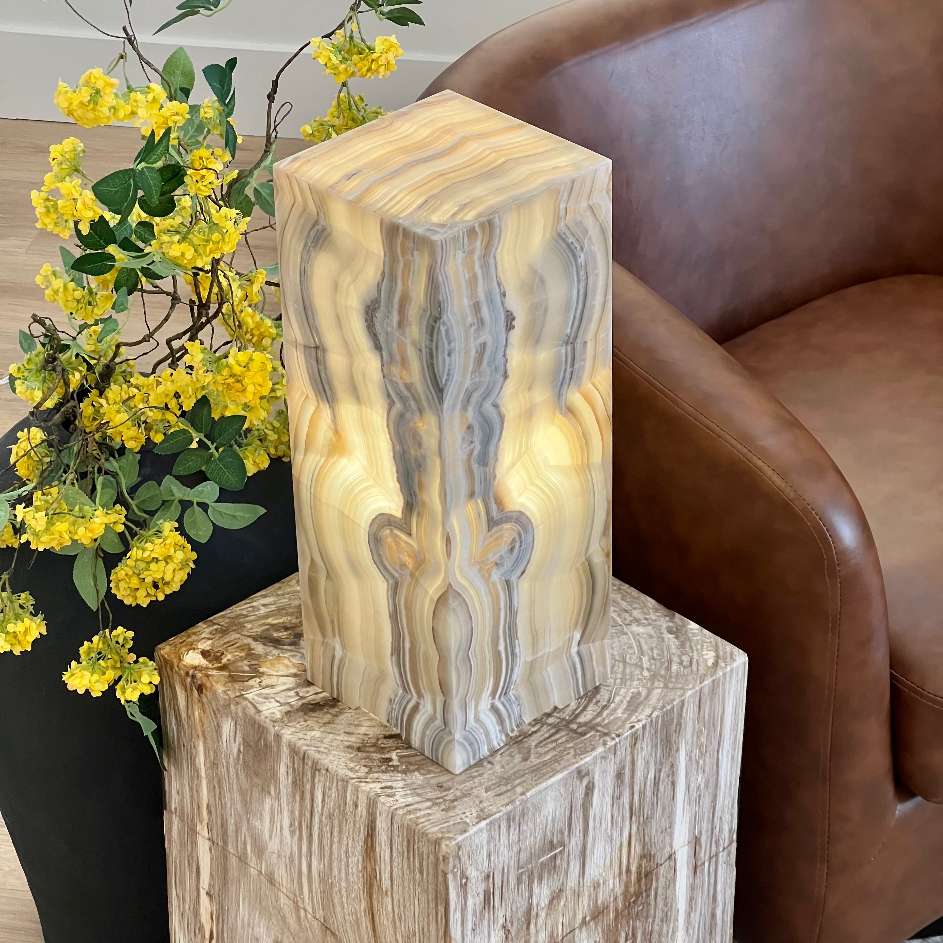 Natural Onyx Stone Table Lamp - Hand-Carved, Backlit Accent Light