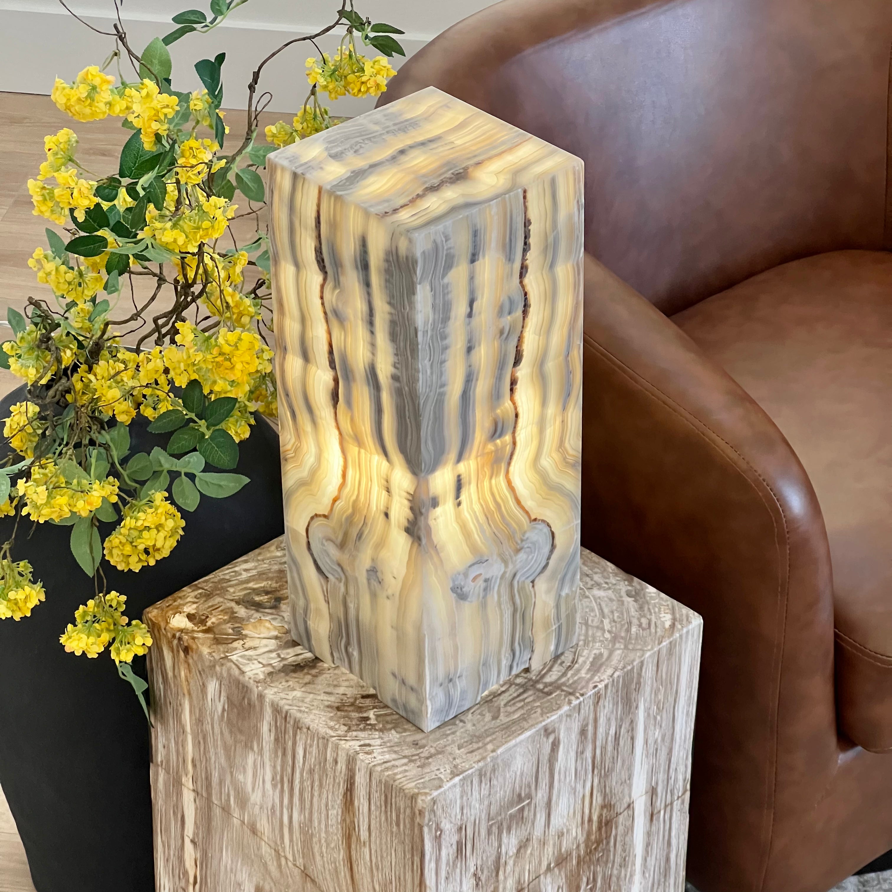 Natural Onyx Stone Table Lamp - Hand-Carved, Backlit Accent Light