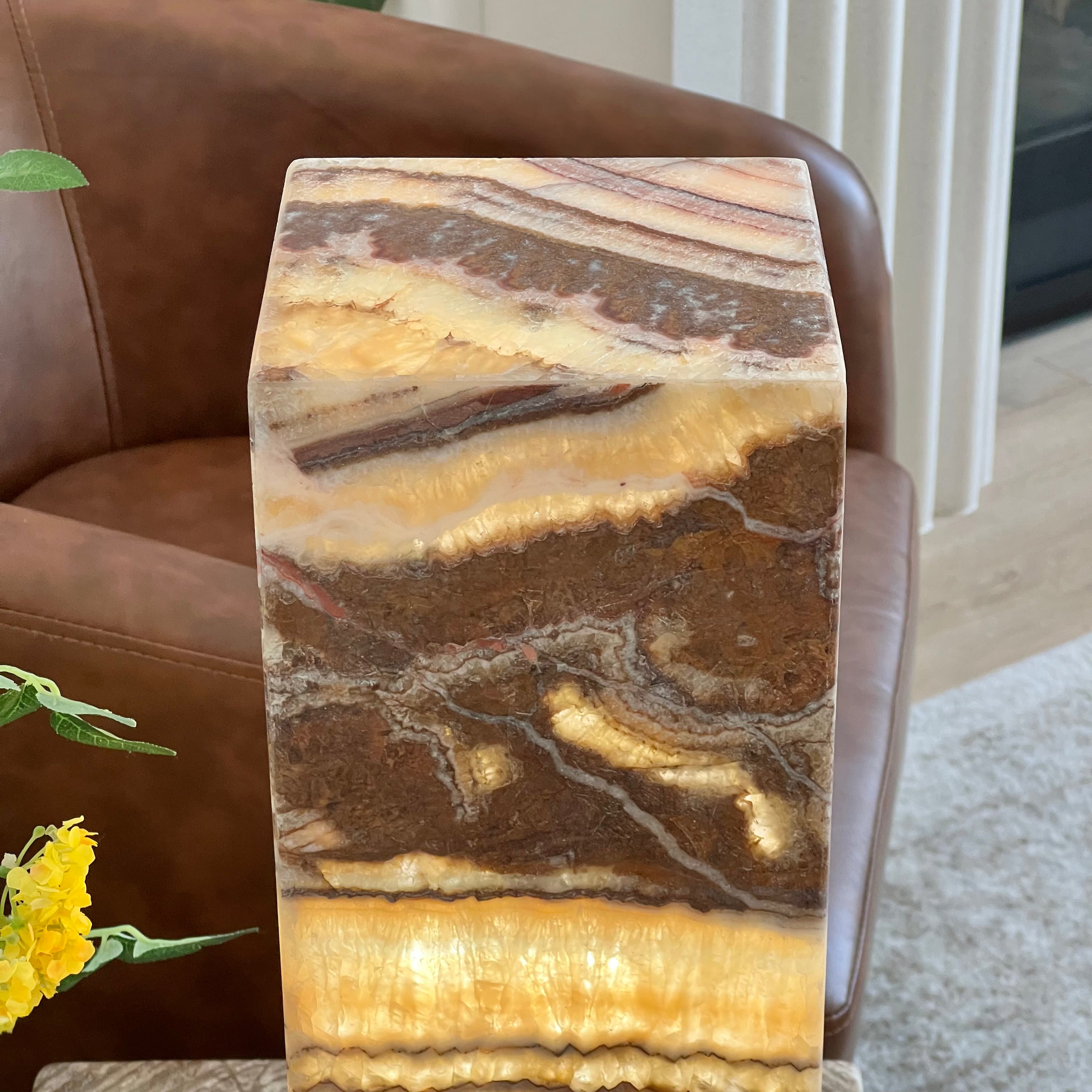 Layered Caramel and Espresso Hand-Carved Mexican Onyx Tower Lamp