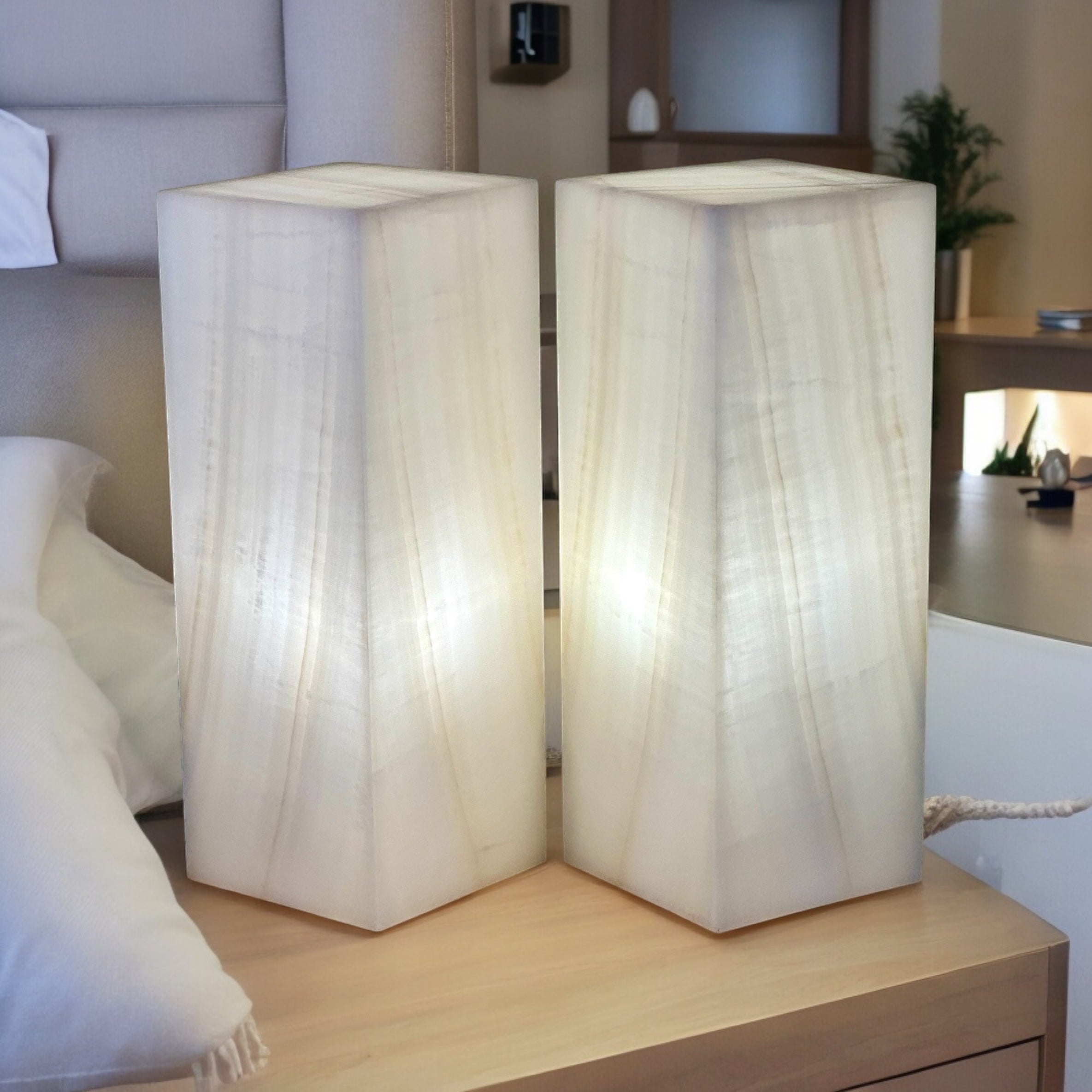 White Banded Onyx Lamps - Set of 2 Elegant Natural Stone Lighting