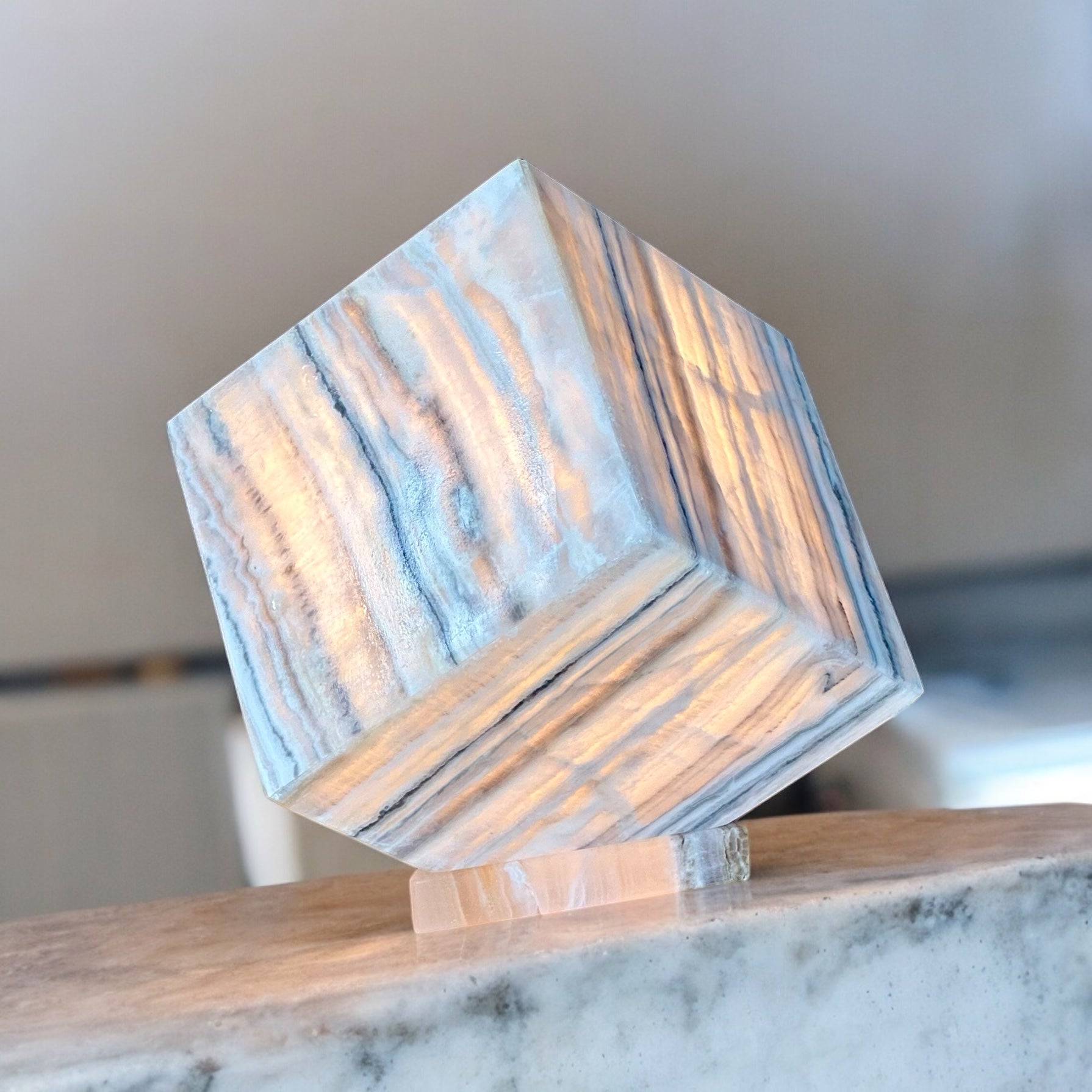 Grey and White Onyx Cube - Elegant Natural Stone Decor