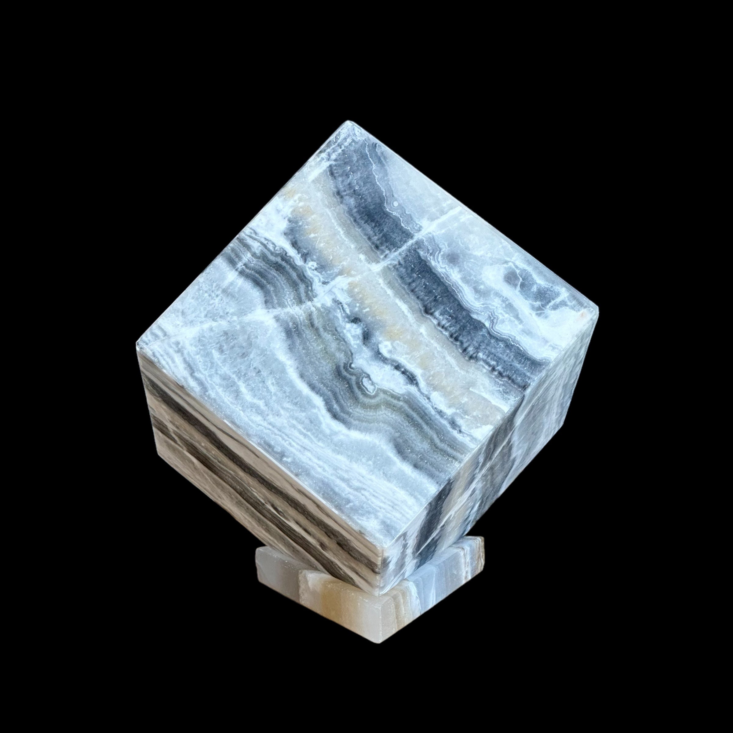 Grey and White Onyx Cube - Elegant Natural Stone Decor