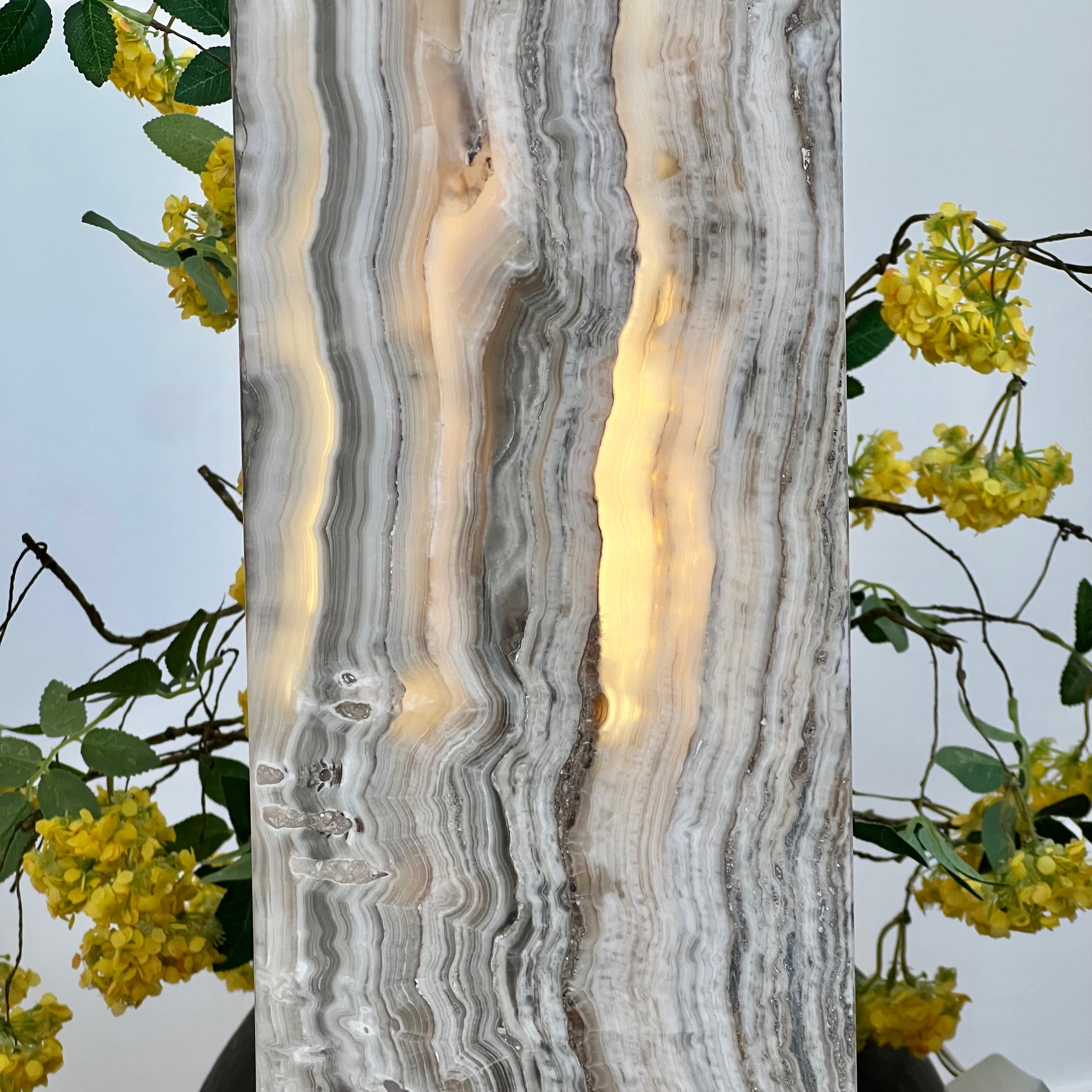 Gray & Amber Handcrafted Natural Onyx Stone Lamp – Rectangular Column