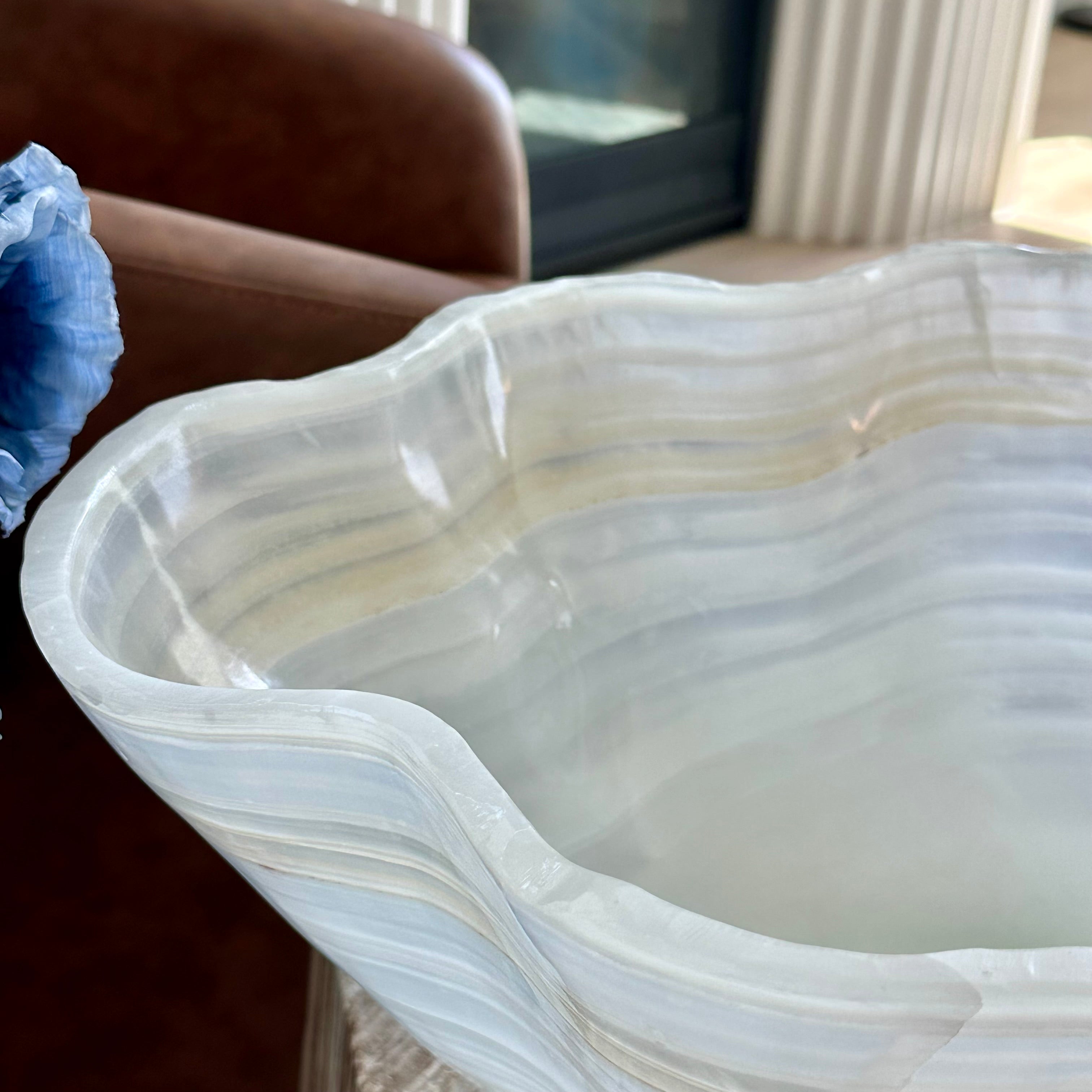 Handcrafted Layered Clear Onyx Bowl with Beige and Green Bands