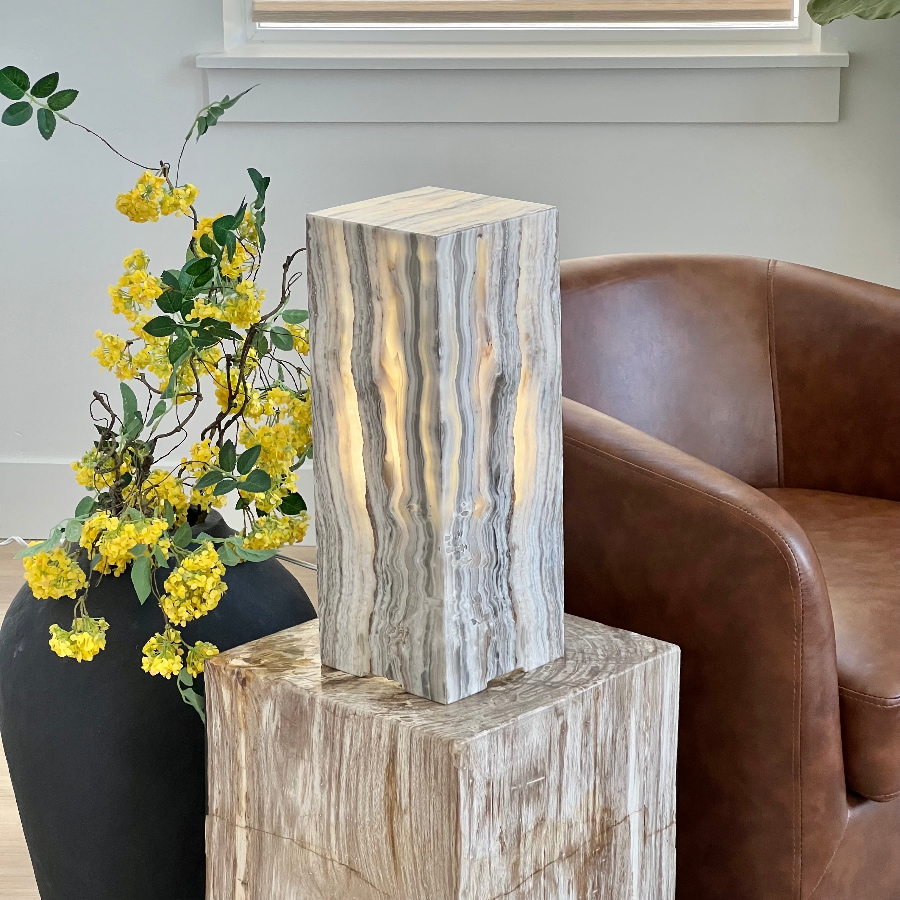 Gray & Amber Handcrafted Natural Onyx Stone Lamp – Rectangular Column