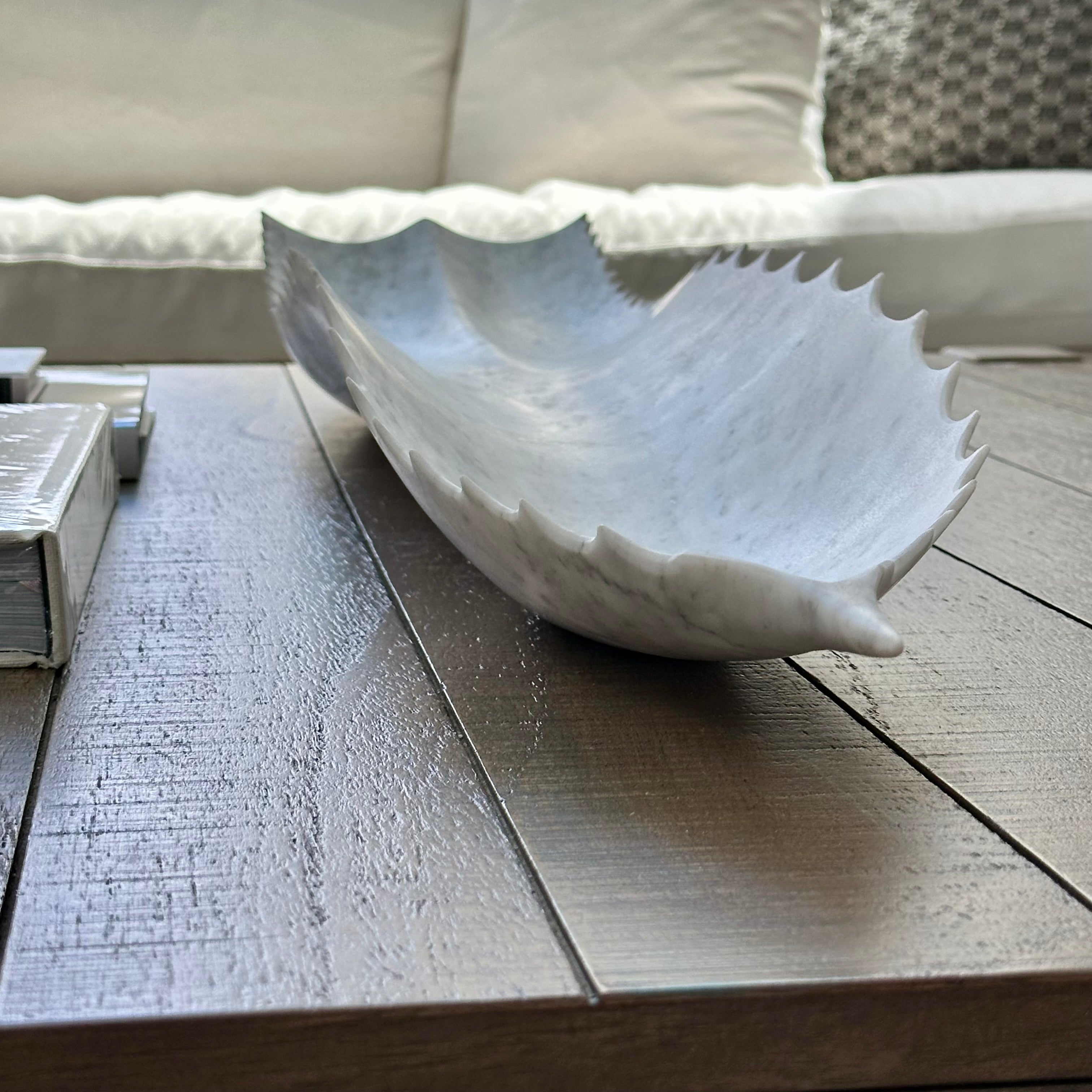 White Marble Agave Leaf Canoe Bowl – Hand-Carved Stone Centerpiece