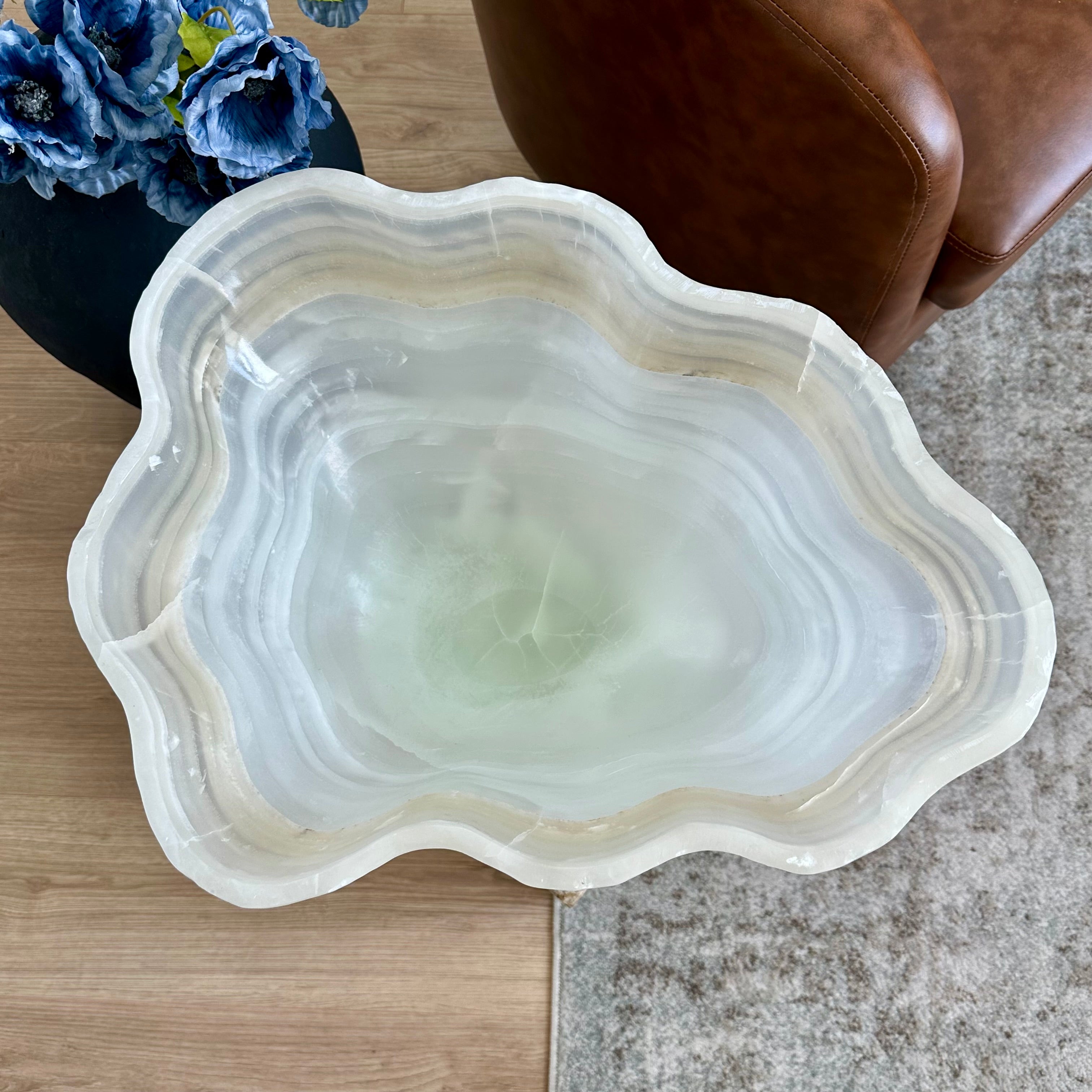 Handcrafted Layered Clear Onyx Bowl with Beige and Green Bands