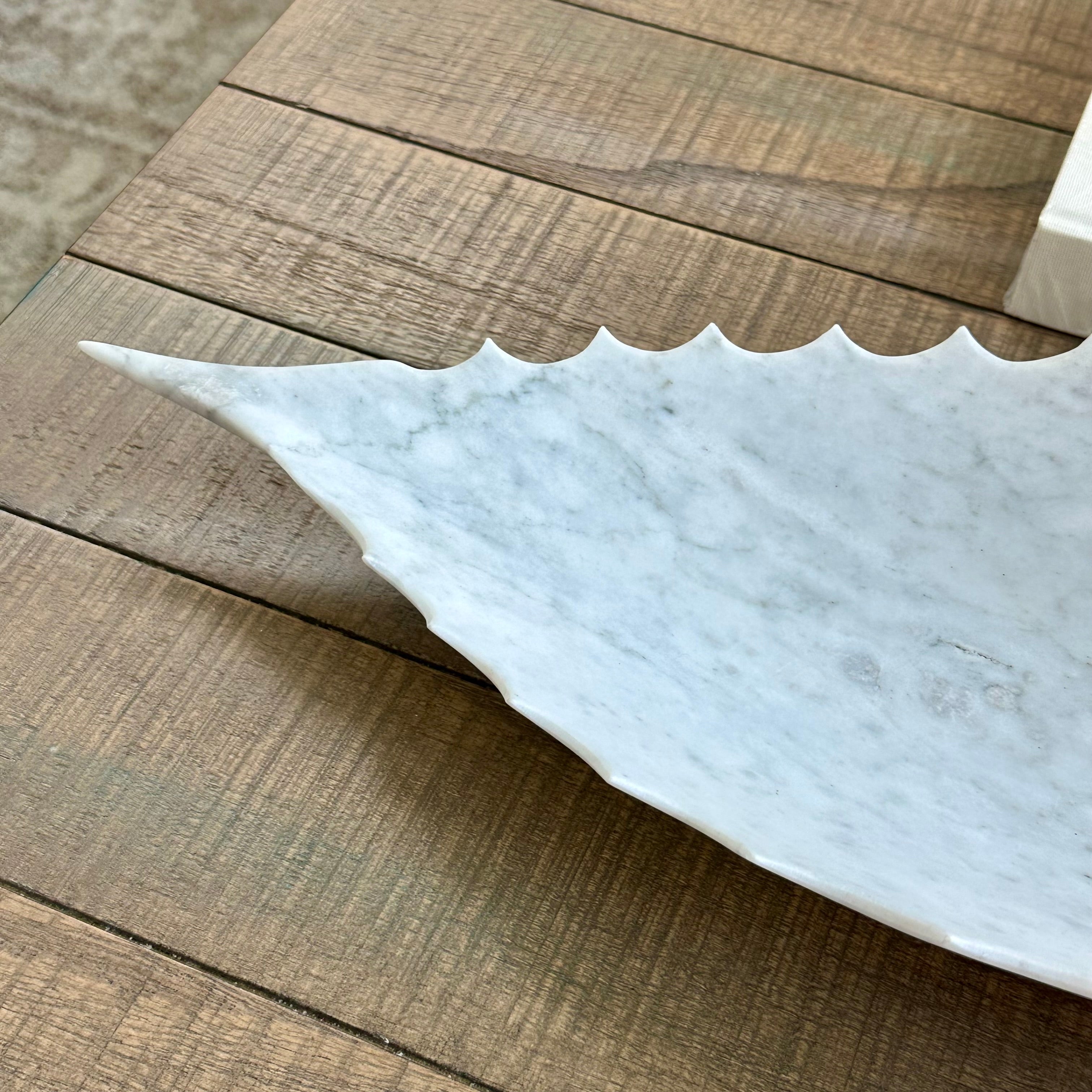 White Marble Agave Leaf Canoe Bowl – Hand-Carved Stone Centerpiece