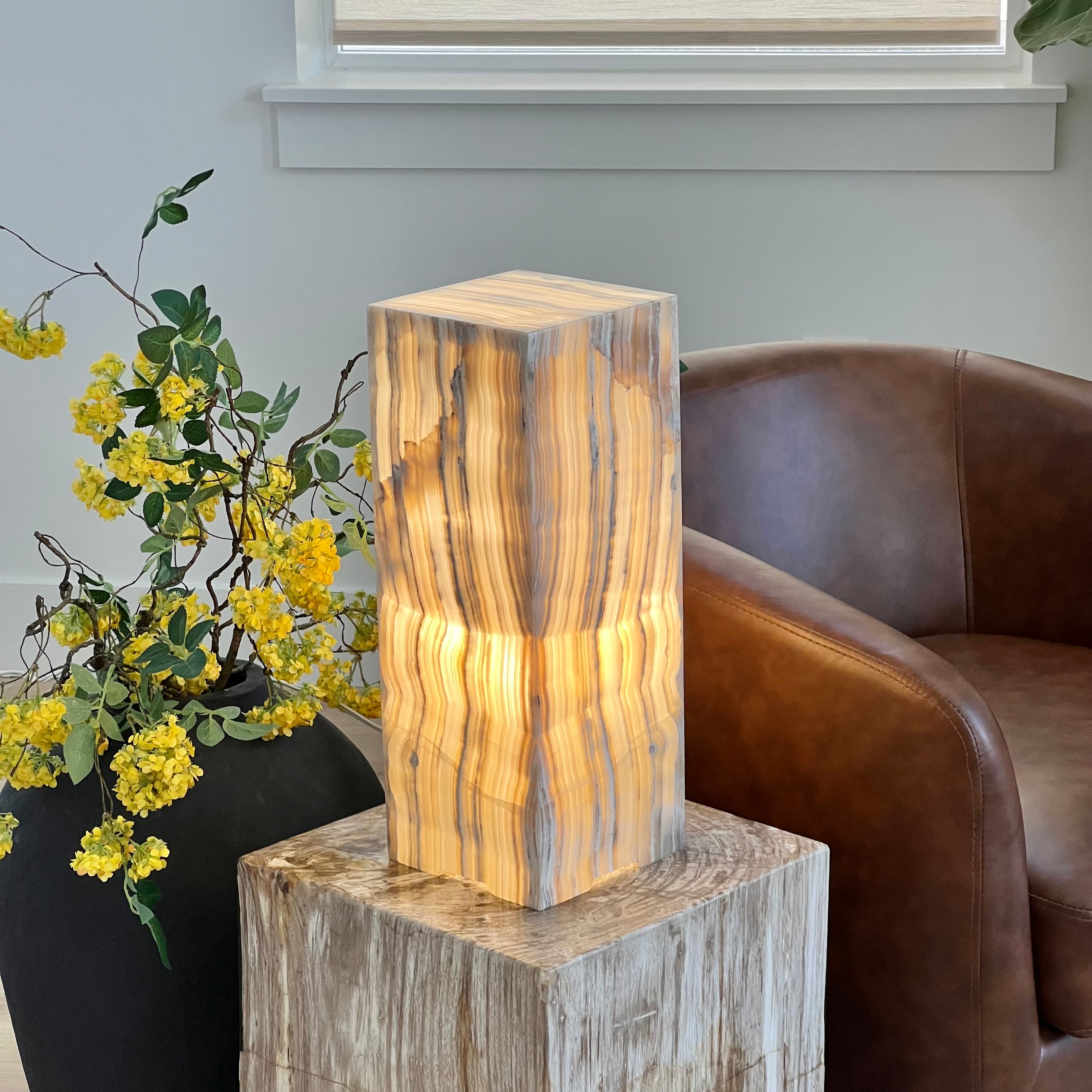 Gray & Amber Handcrafted Natural Onyx Stone Lamp – Rectangular Column