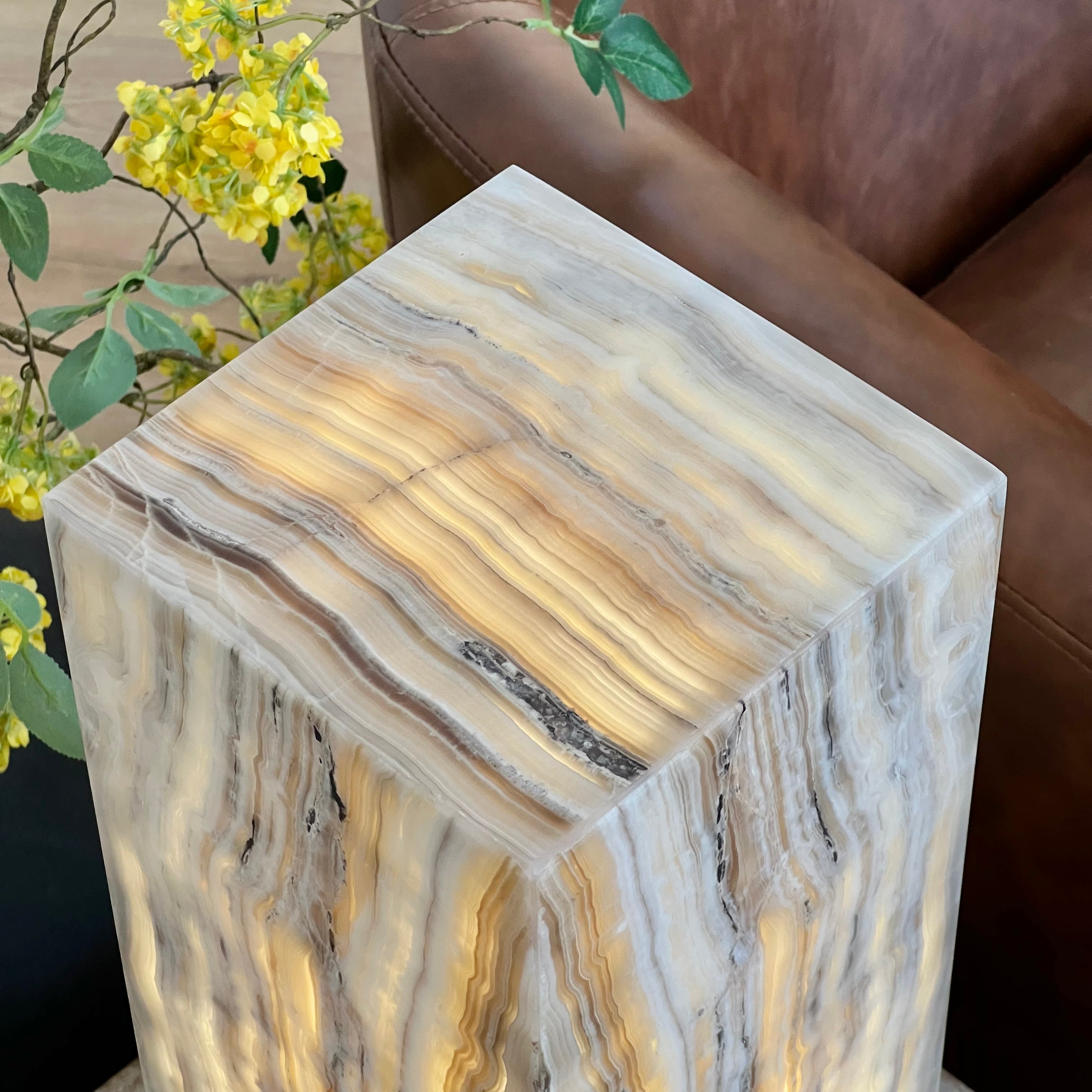Gray & Amber Handcrafted Natural Onyx Stone Lamp – Rectangular Column