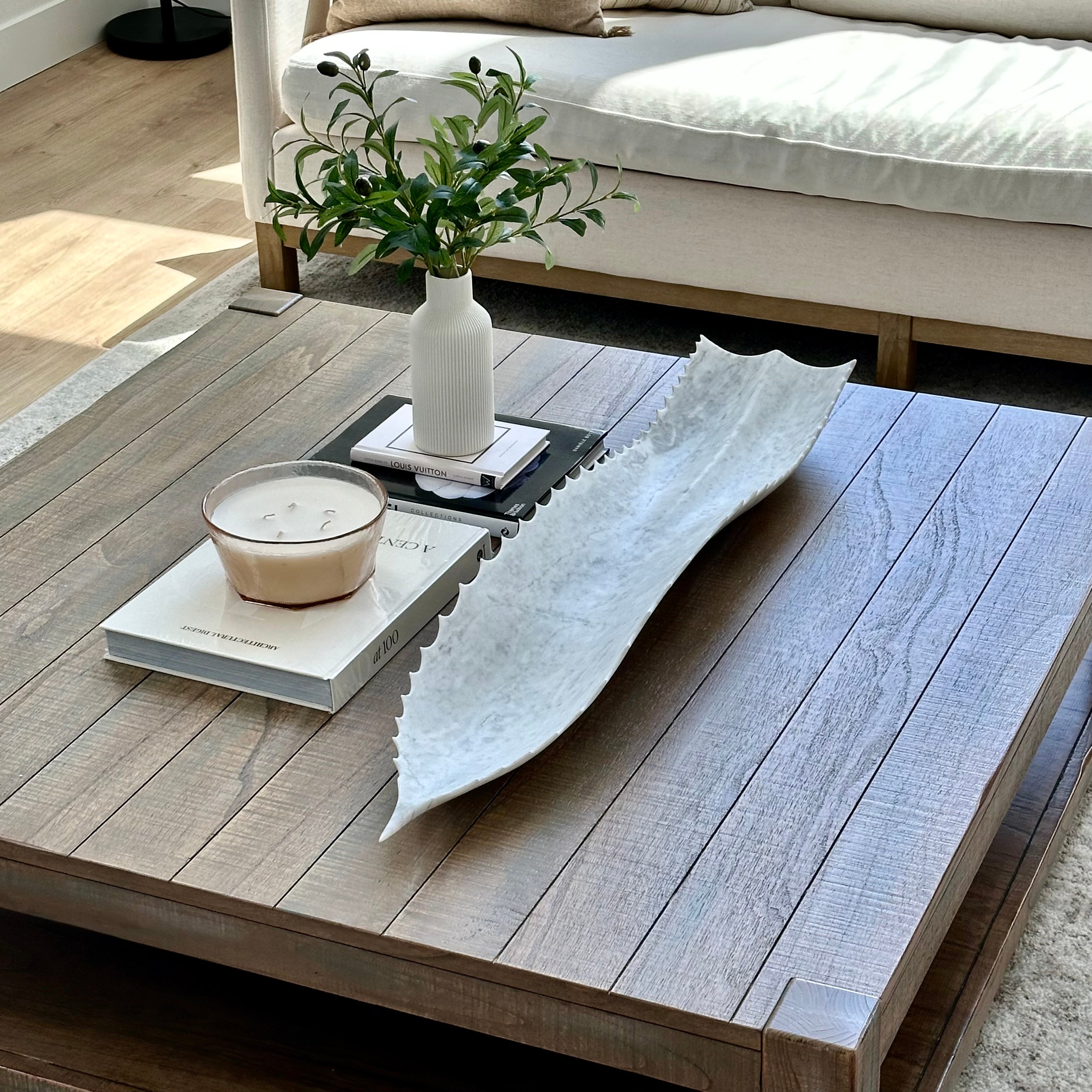 White Marble Agave Leaf Canoe Bowl – Hand-Carved Stone Centerpiece