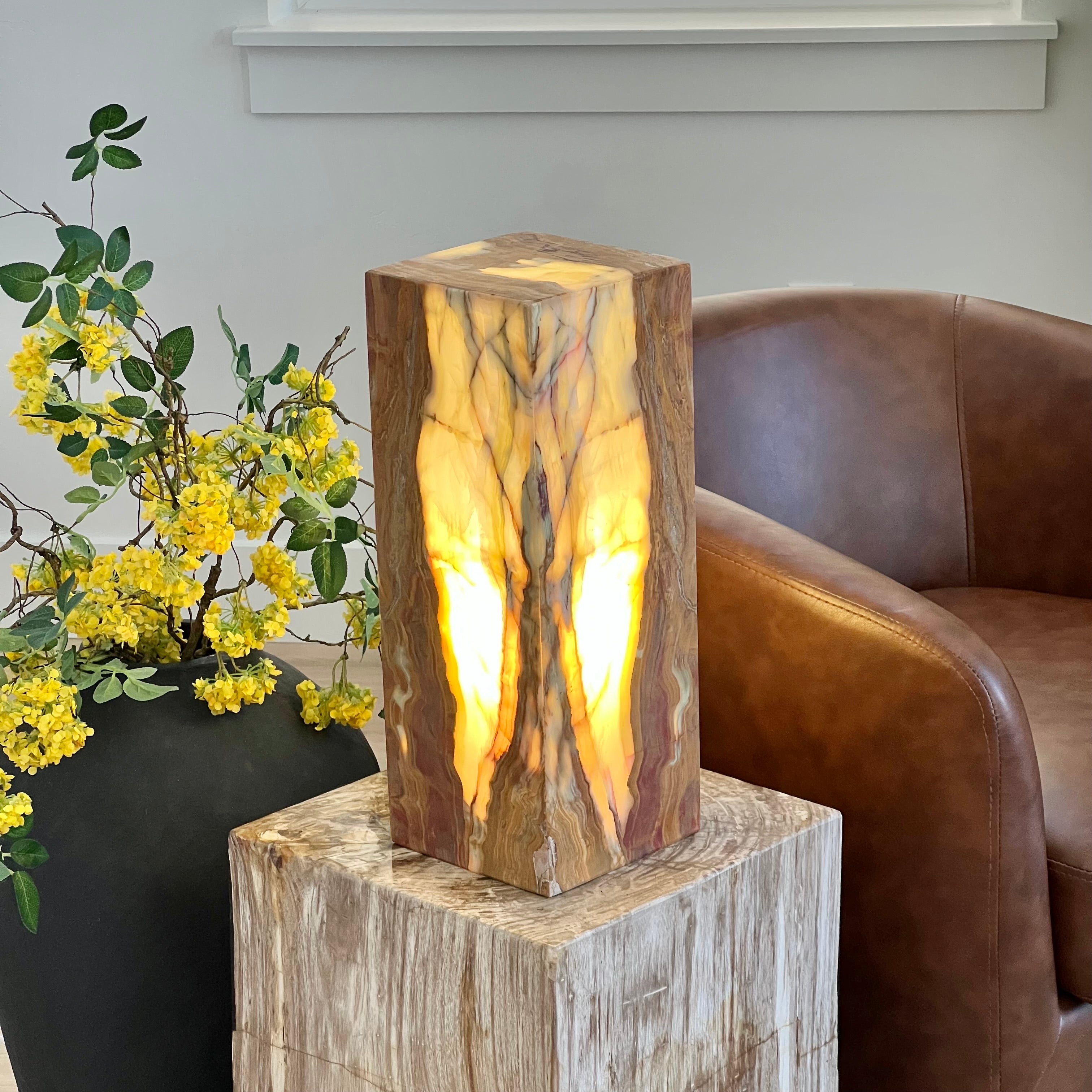 Green & Amber Earth Tones Handcrafted Natural Onyx Stone Lamp – Rectangular Column
