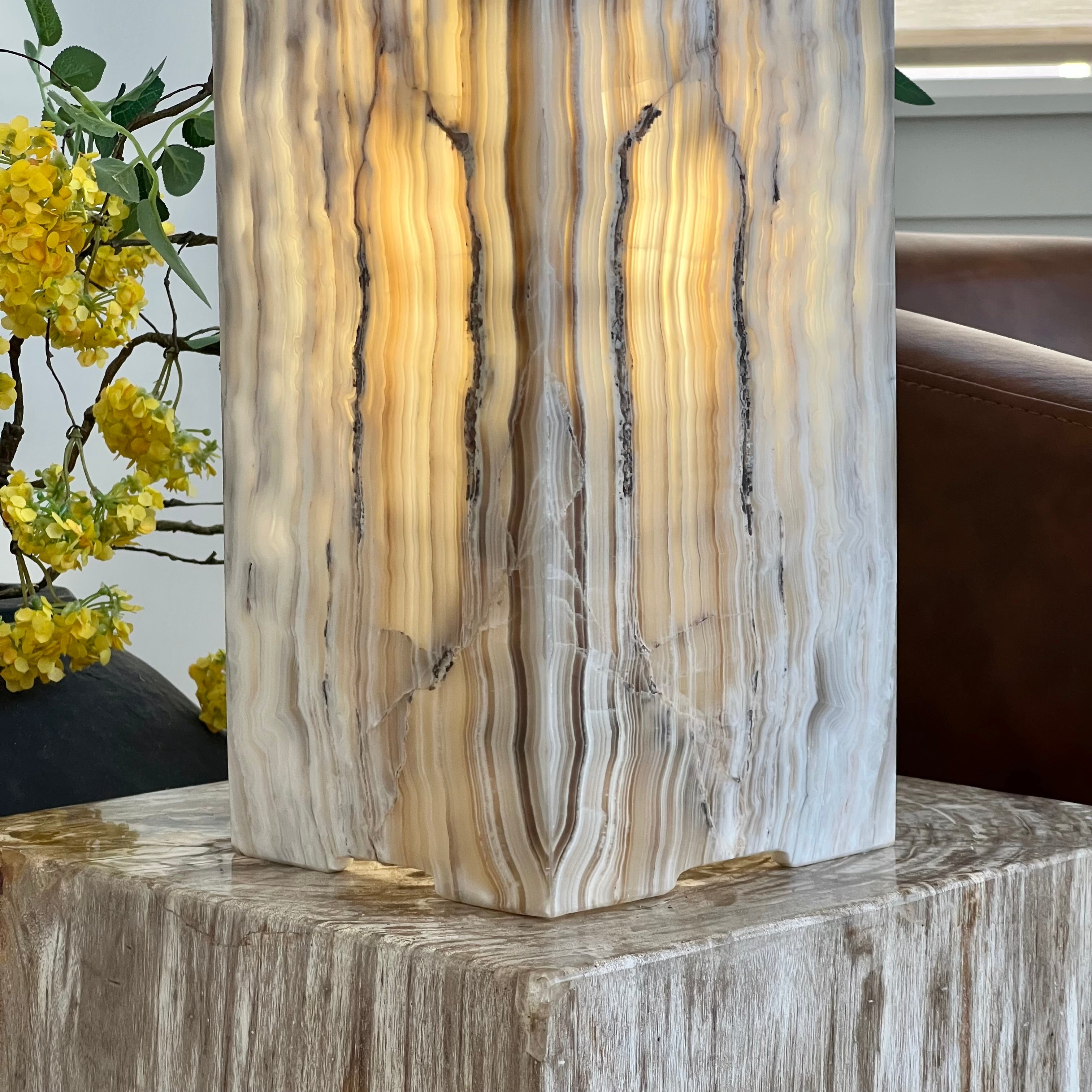Gray & Amber Handcrafted Natural Onyx Stone Lamp – Rectangular Column