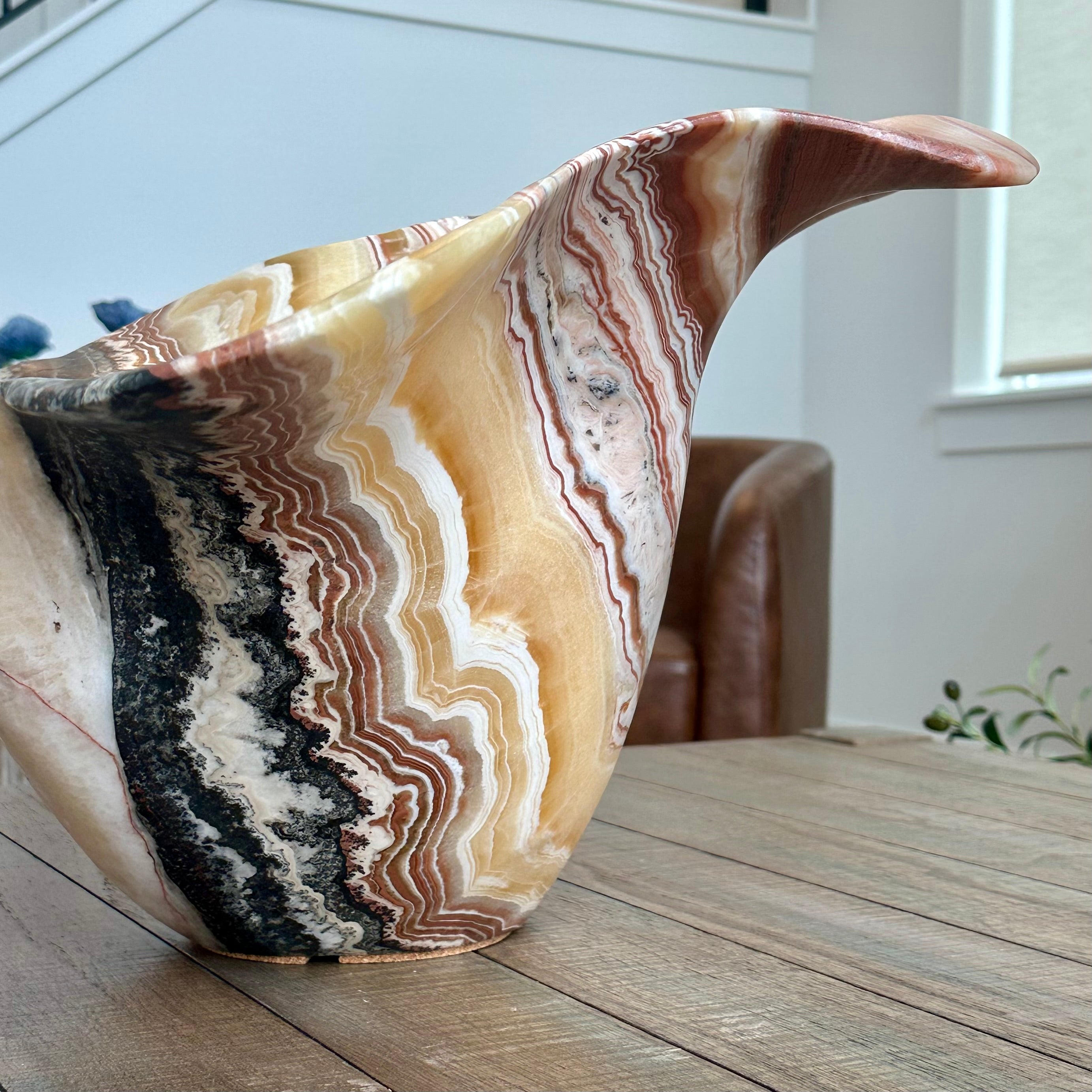 Hand-Carved Onyx Flower Bowl – Red, Yellow, White & Black Veined Stone Centerpiece
