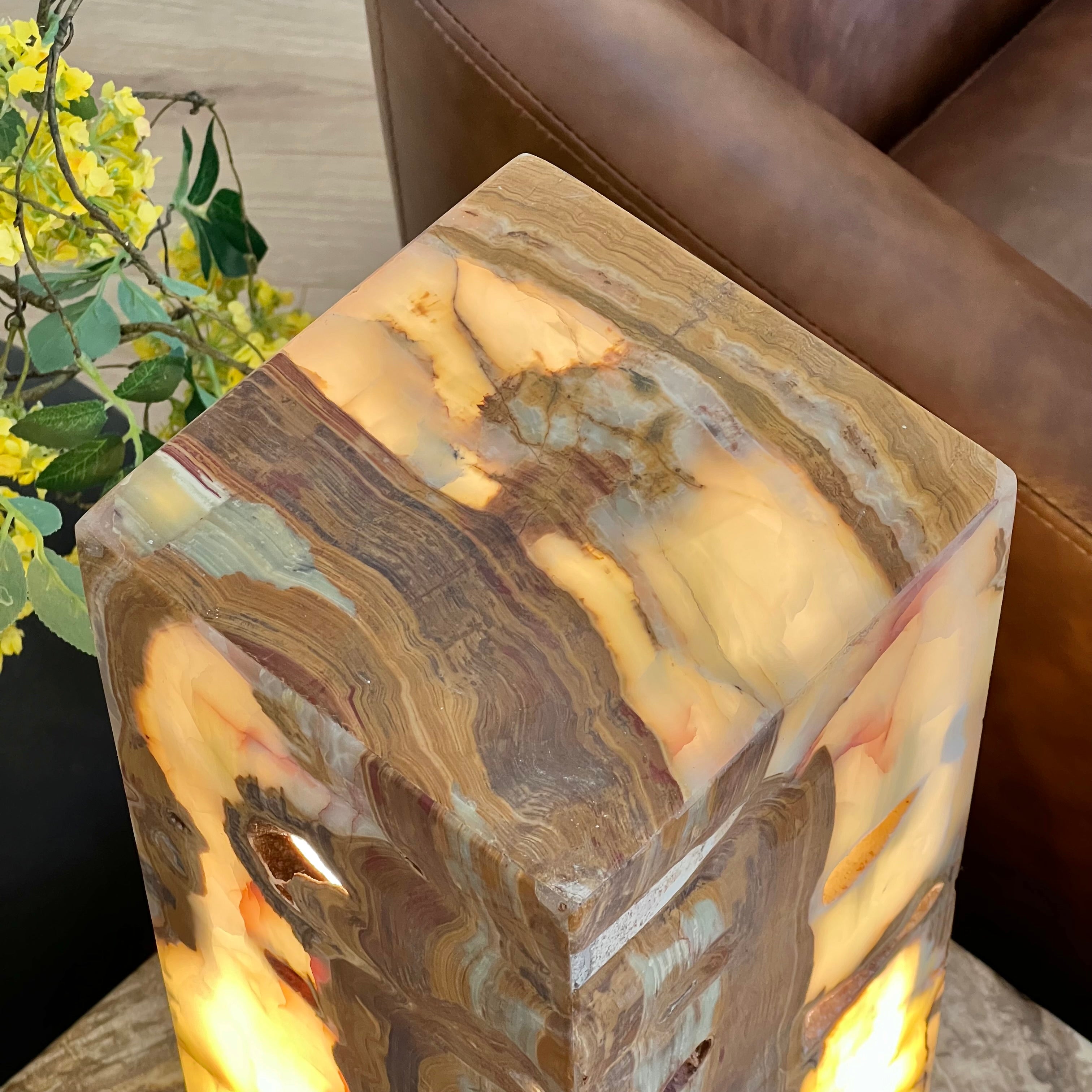 Green & Amber Earth Tones Handcrafted Natural Onyx Stone Lamp – Rectangular Column