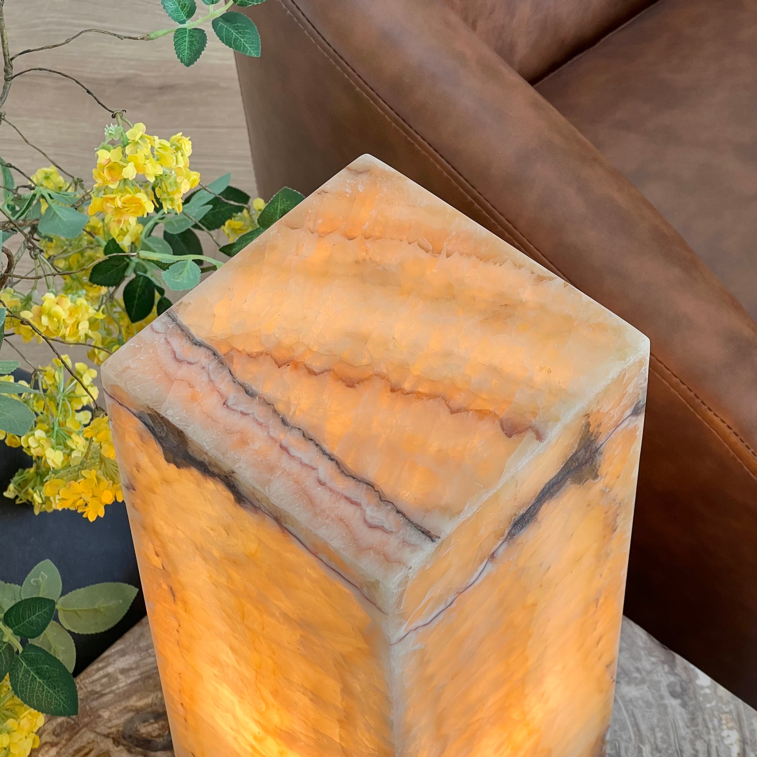 Handcrafted Onyx Tower Lamp (Golden Amber with Smoky Veining)