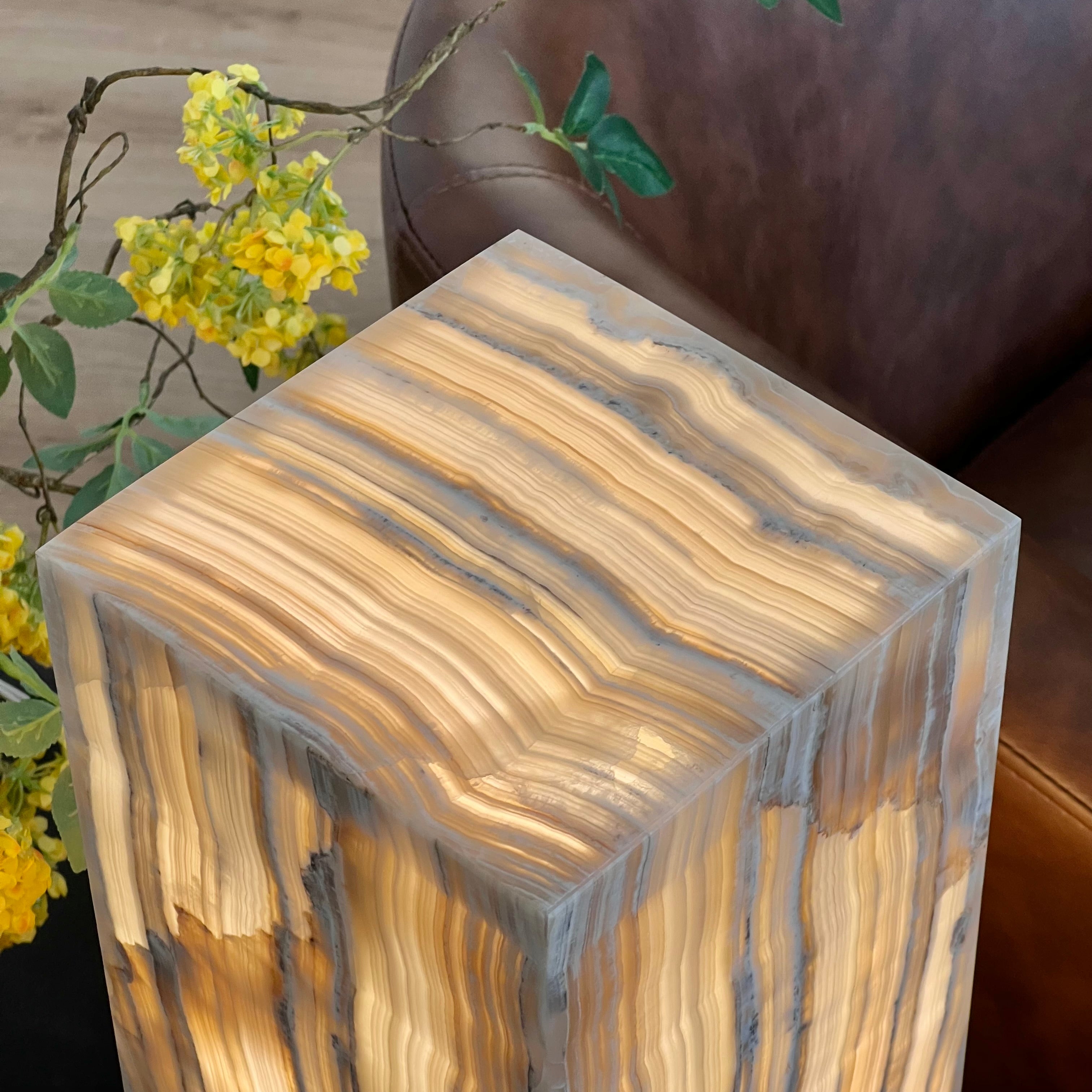 Gray & Amber Handcrafted Natural Onyx Stone Lamp – Rectangular Column