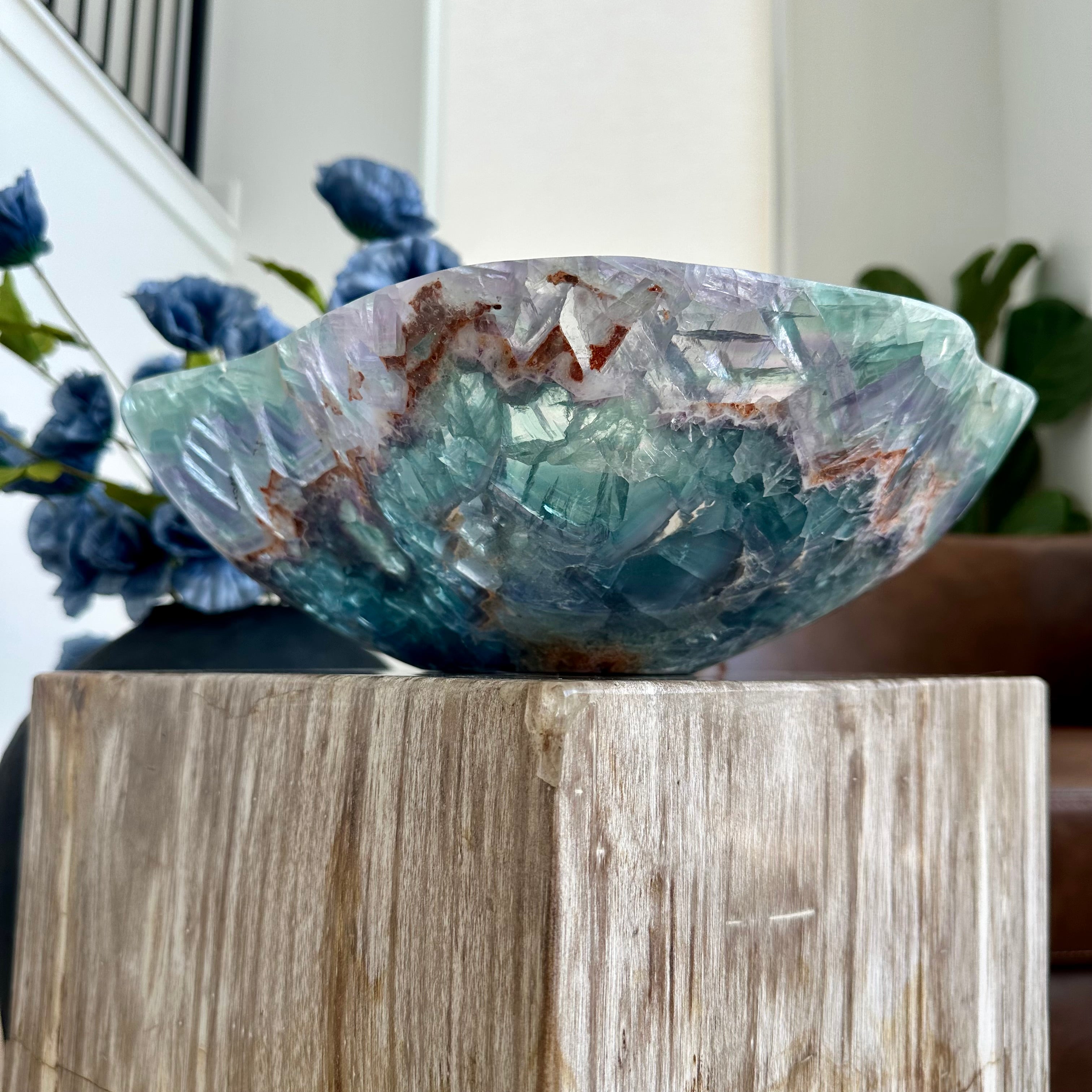 Natural Fluorite Bowl – Hand Carved Crystal Bowl for Home Decor, Charging, or Altar | Green Purple Gemstone