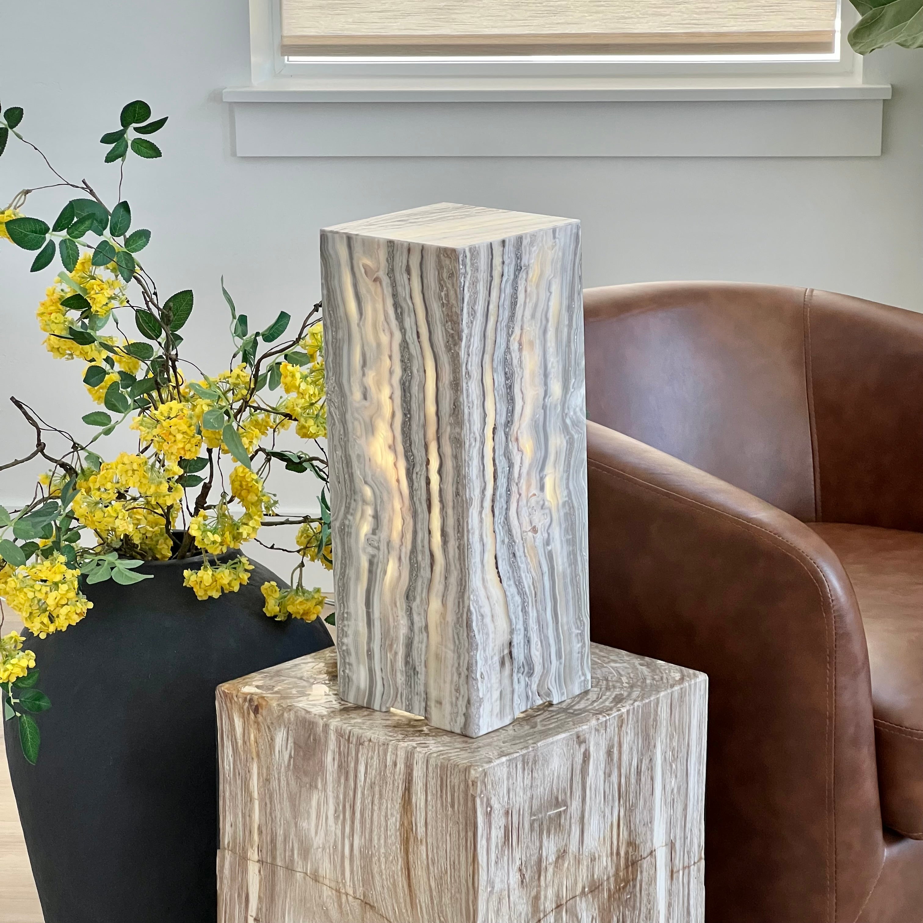 Gray & Amber Handcrafted Natural Onyx Stone Lamp – Rectangular Column