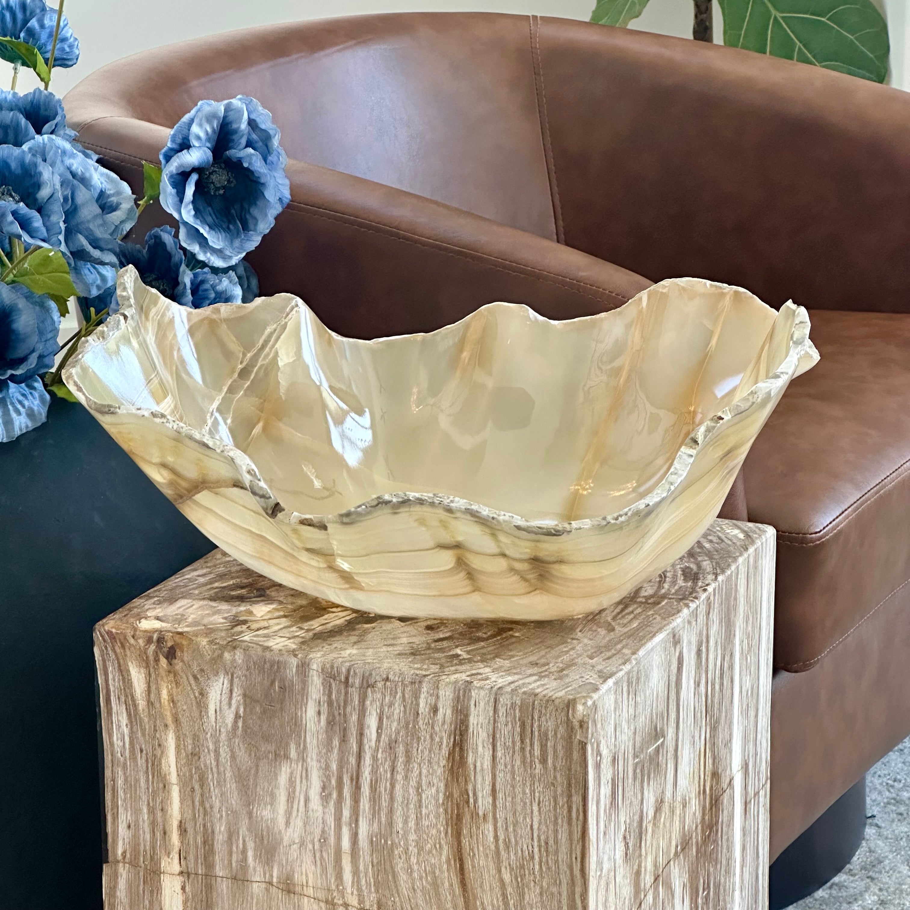 Wavy Edge Honey Onyx Bowl – 17” Hand-Carved Stone Centerpiece