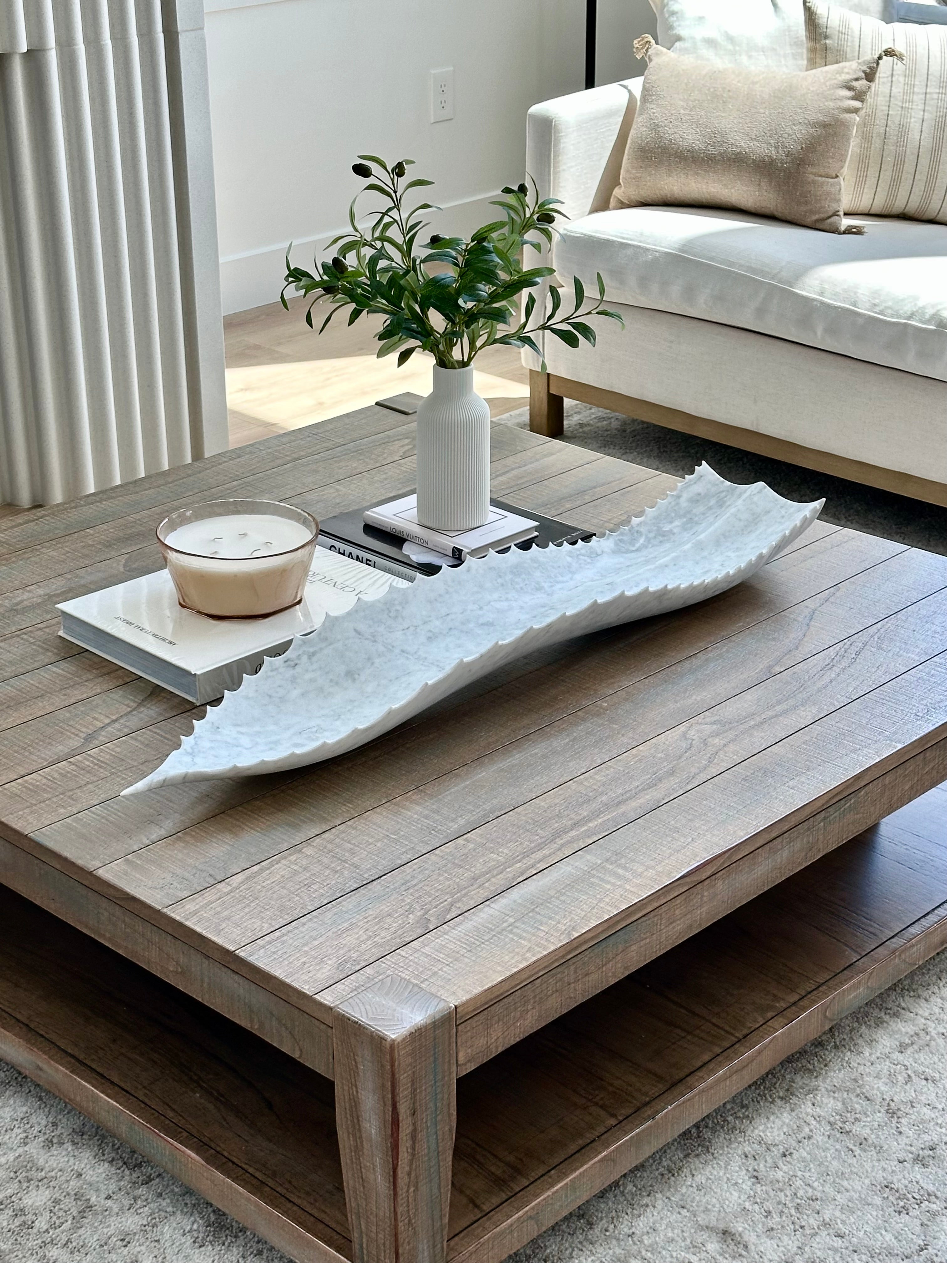 White Marble Agave Leaf Canoe Bowl – Hand-Carved Stone Centerpiece
