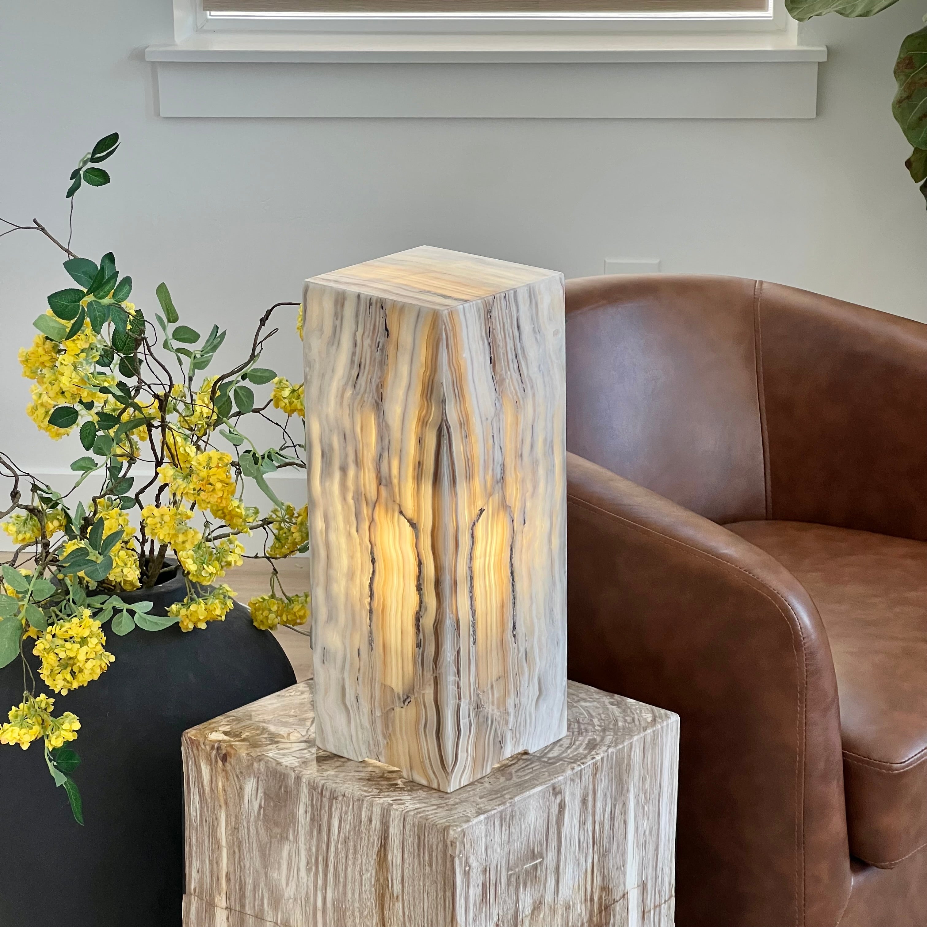 Gray & Amber Handcrafted Natural Onyx Stone Lamp – Rectangular Column