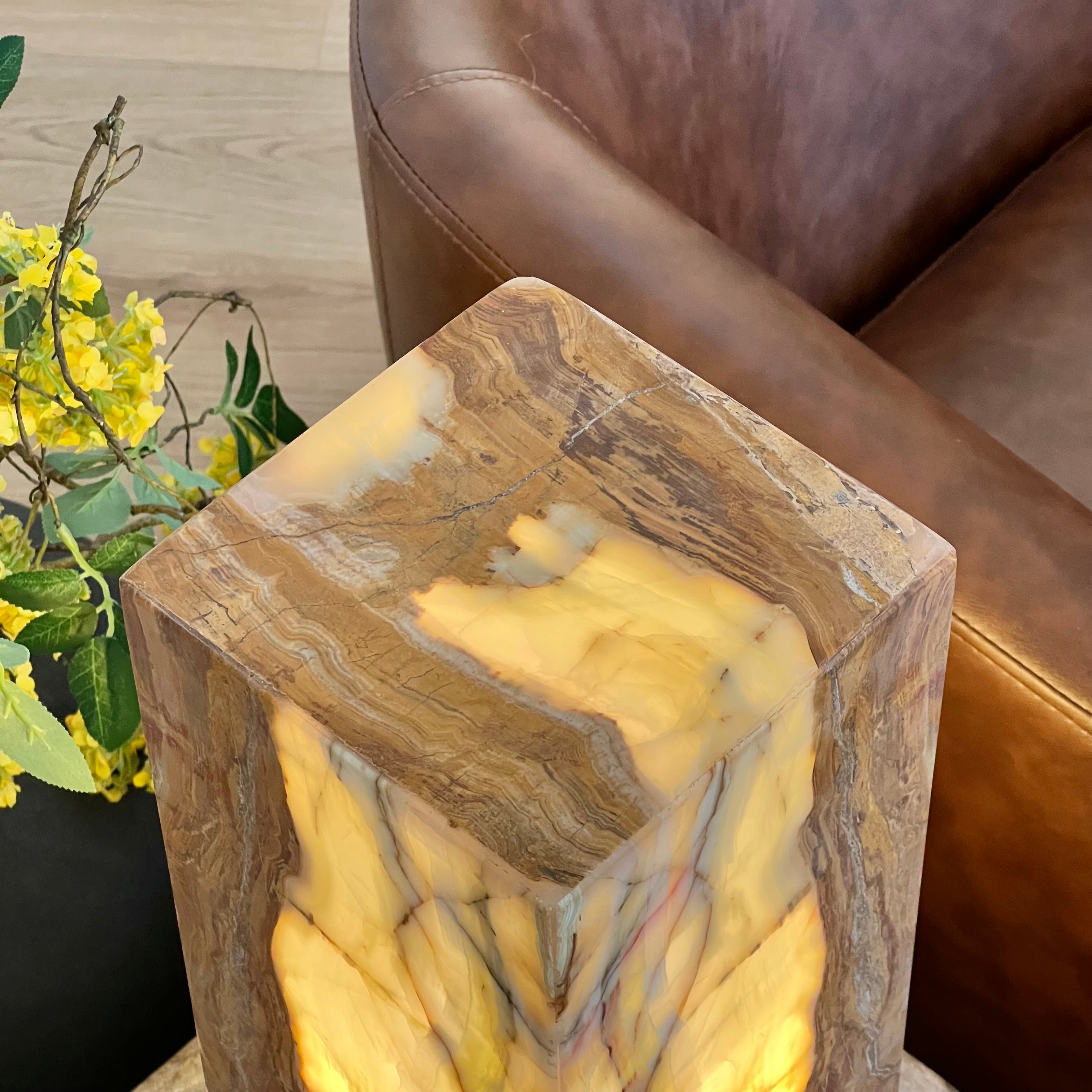 Green & Amber Earth Tones Handcrafted Natural Onyx Stone Lamp – Rectangular Column