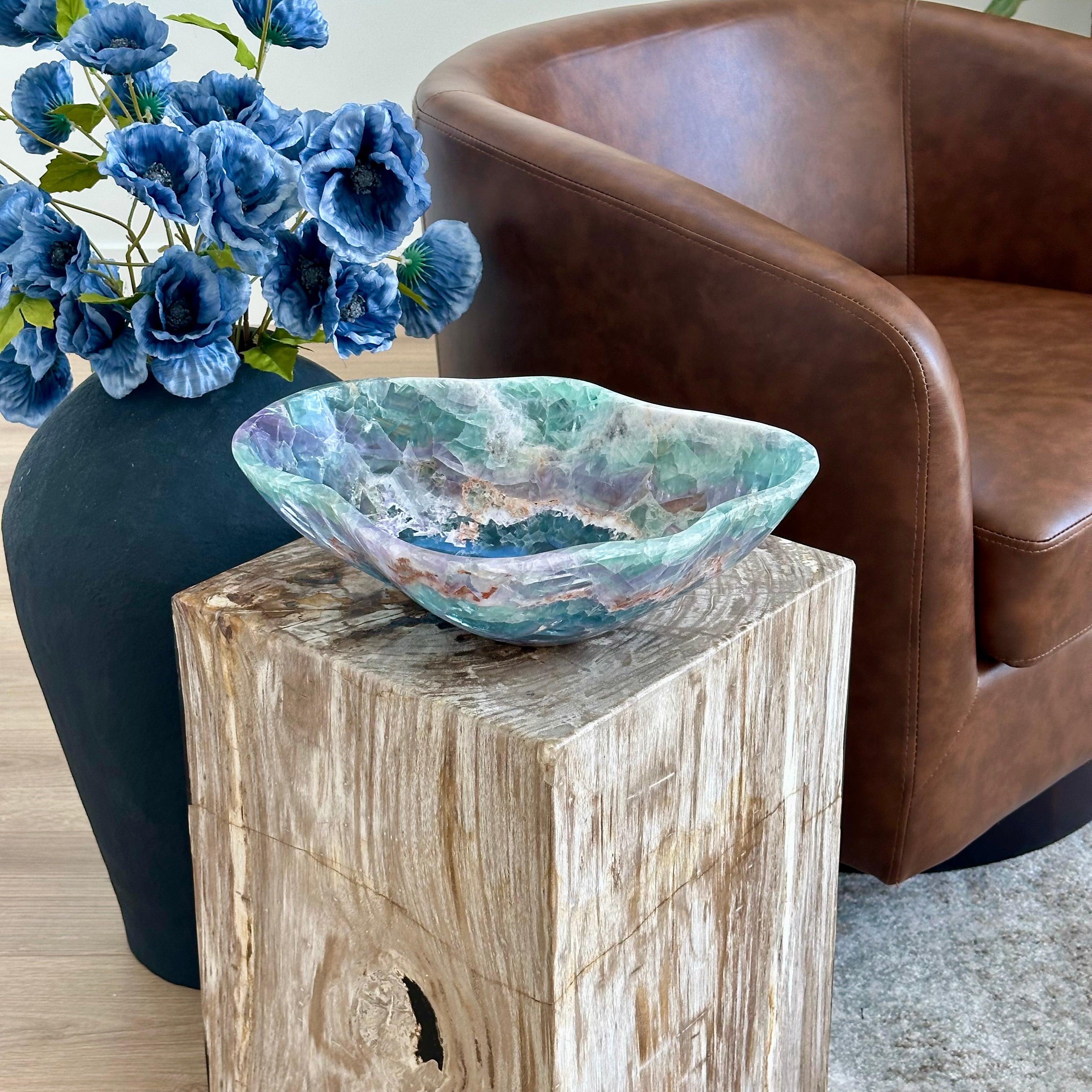 Natural Fluorite Bowl – Hand Carved Crystal Bowl for Home Decor, Charging, or Altar | Green Purple Gemstone