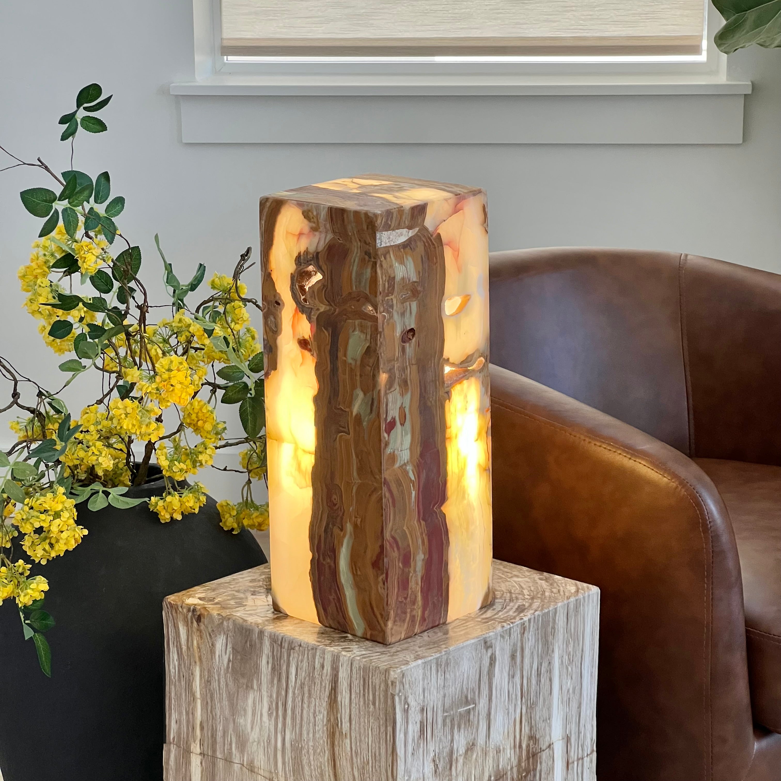 Green & Amber Earth Tones Handcrafted Natural Onyx Stone Lamp – Rectangular Column