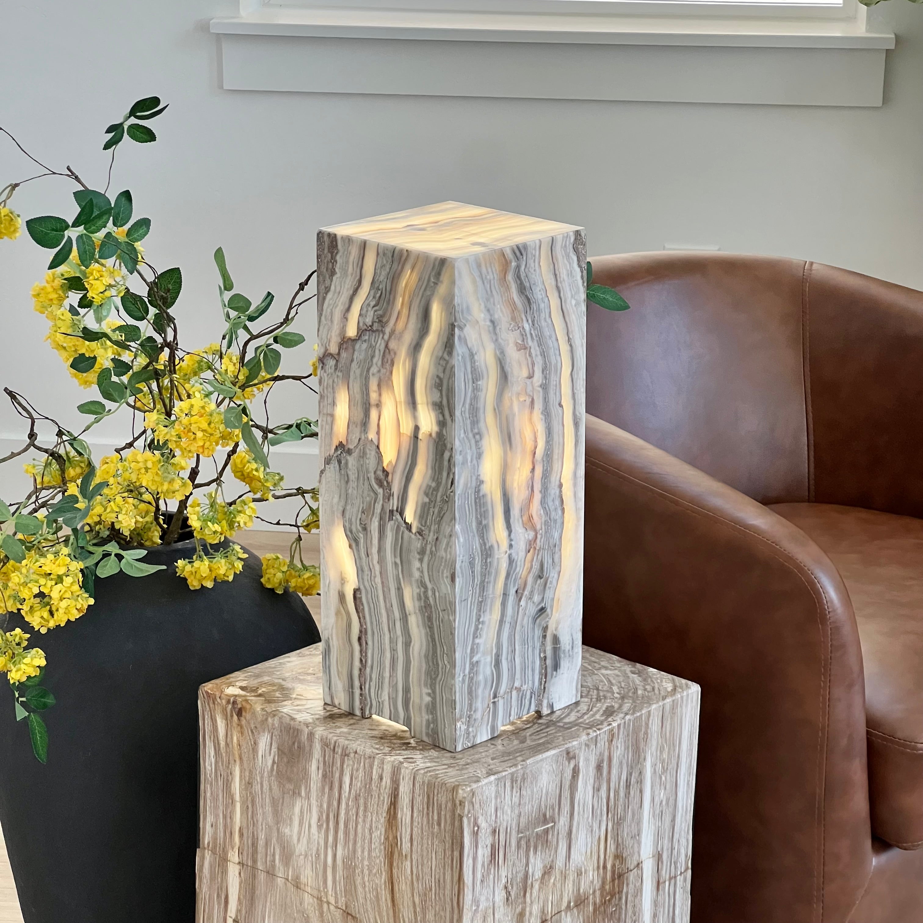 Gray & Amber Handcrafted Natural Onyx Stone Lamp – Rectangular Column