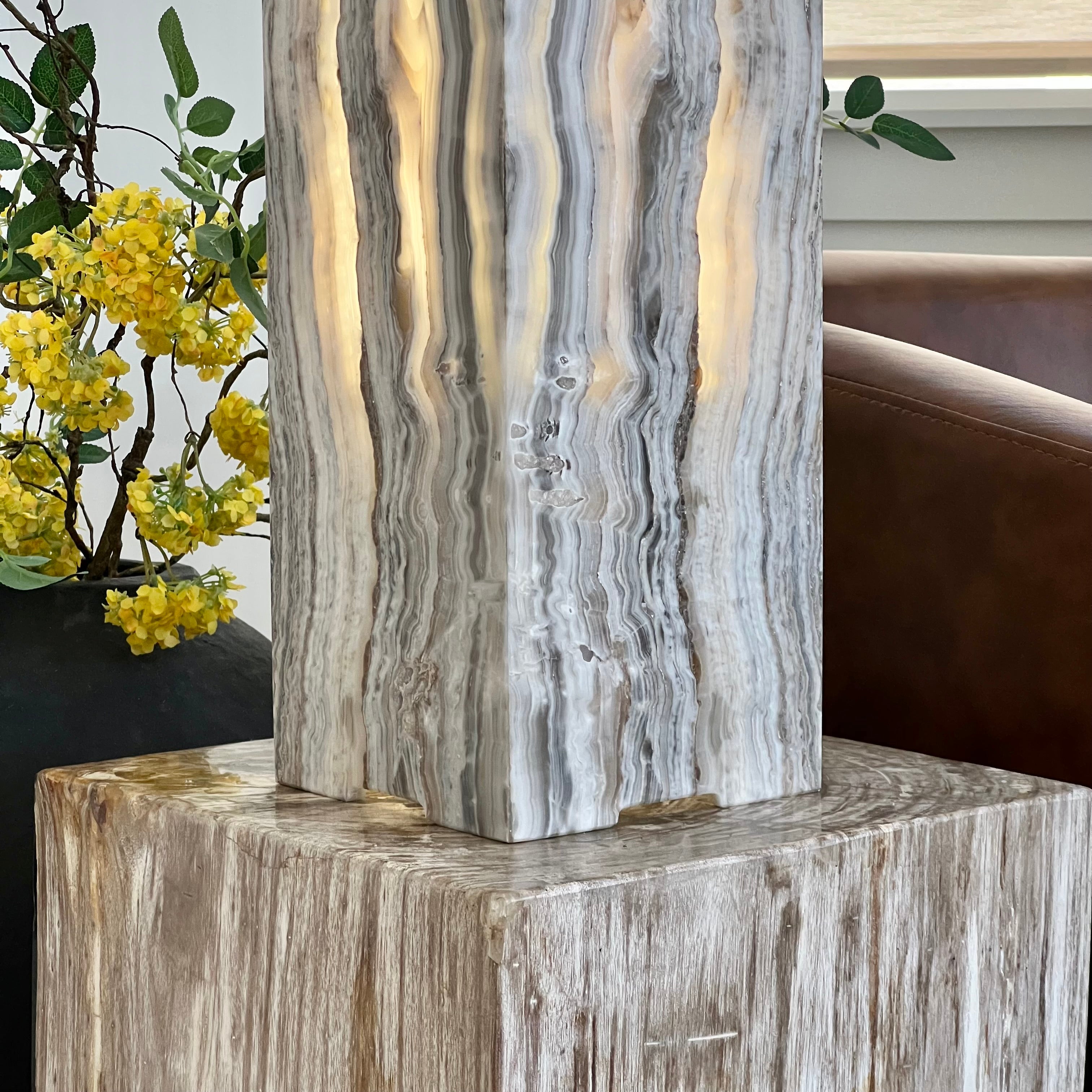 Gray & Amber Handcrafted Natural Onyx Stone Lamp – Rectangular Column