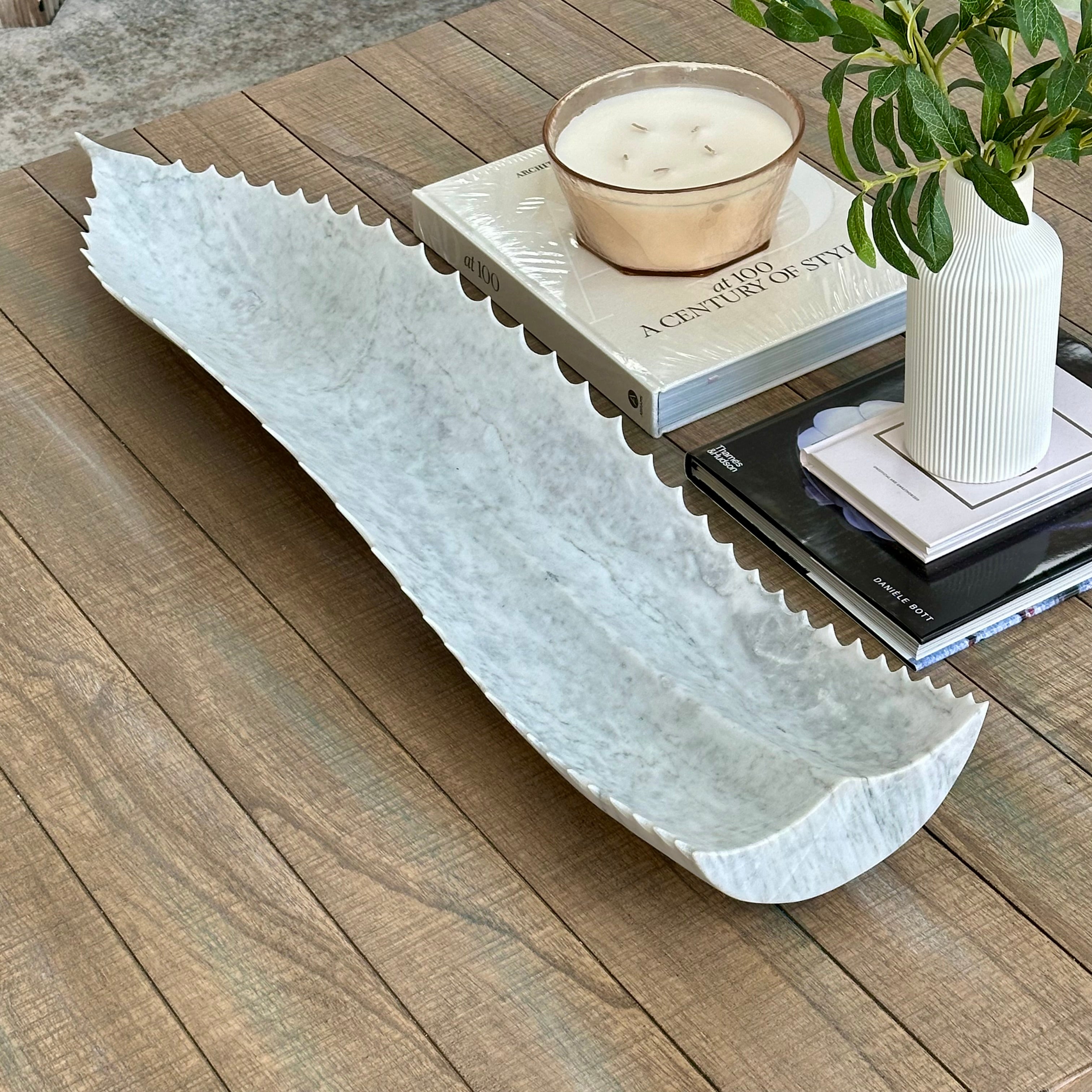 White Marble Agave Leaf Canoe Bowl – Hand-Carved Stone Centerpiece