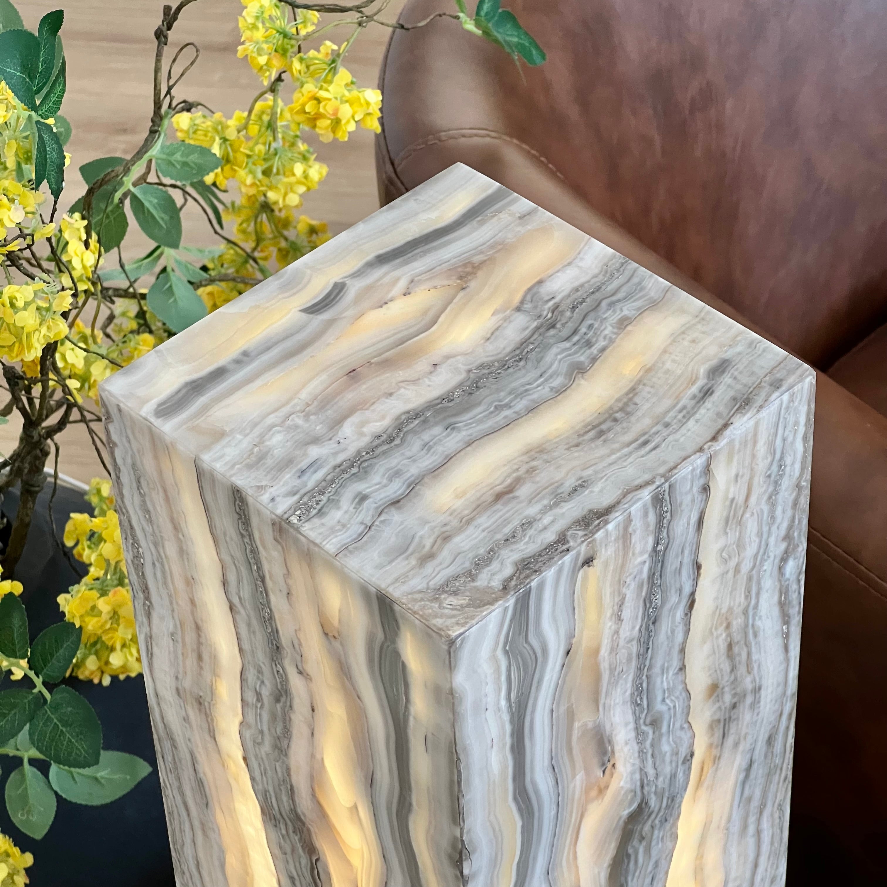 Gray & Amber Handcrafted Natural Onyx Stone Lamp – Rectangular Column