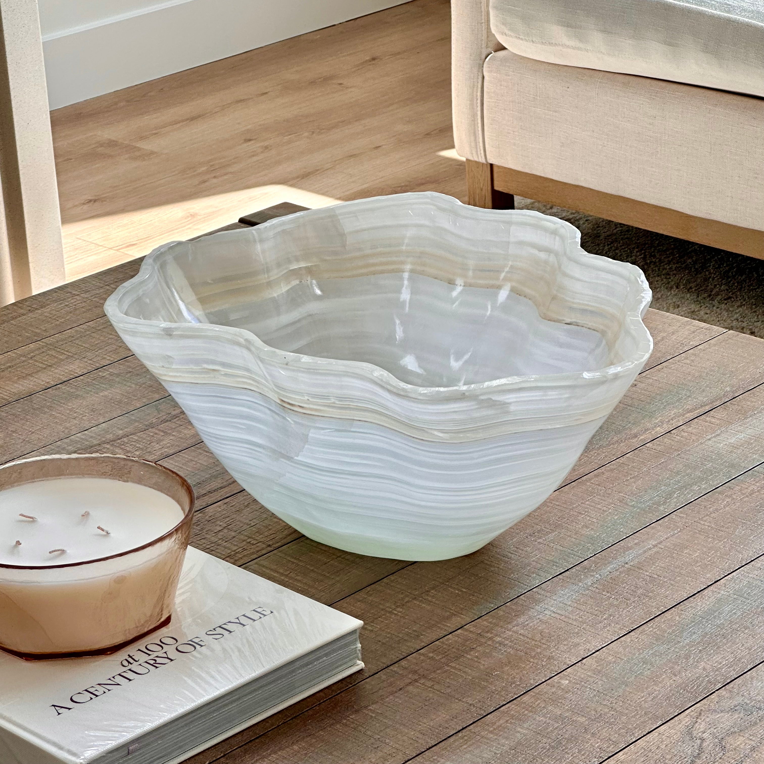 Handcrafted Layered Clear Onyx Bowl with Beige and Green Bands