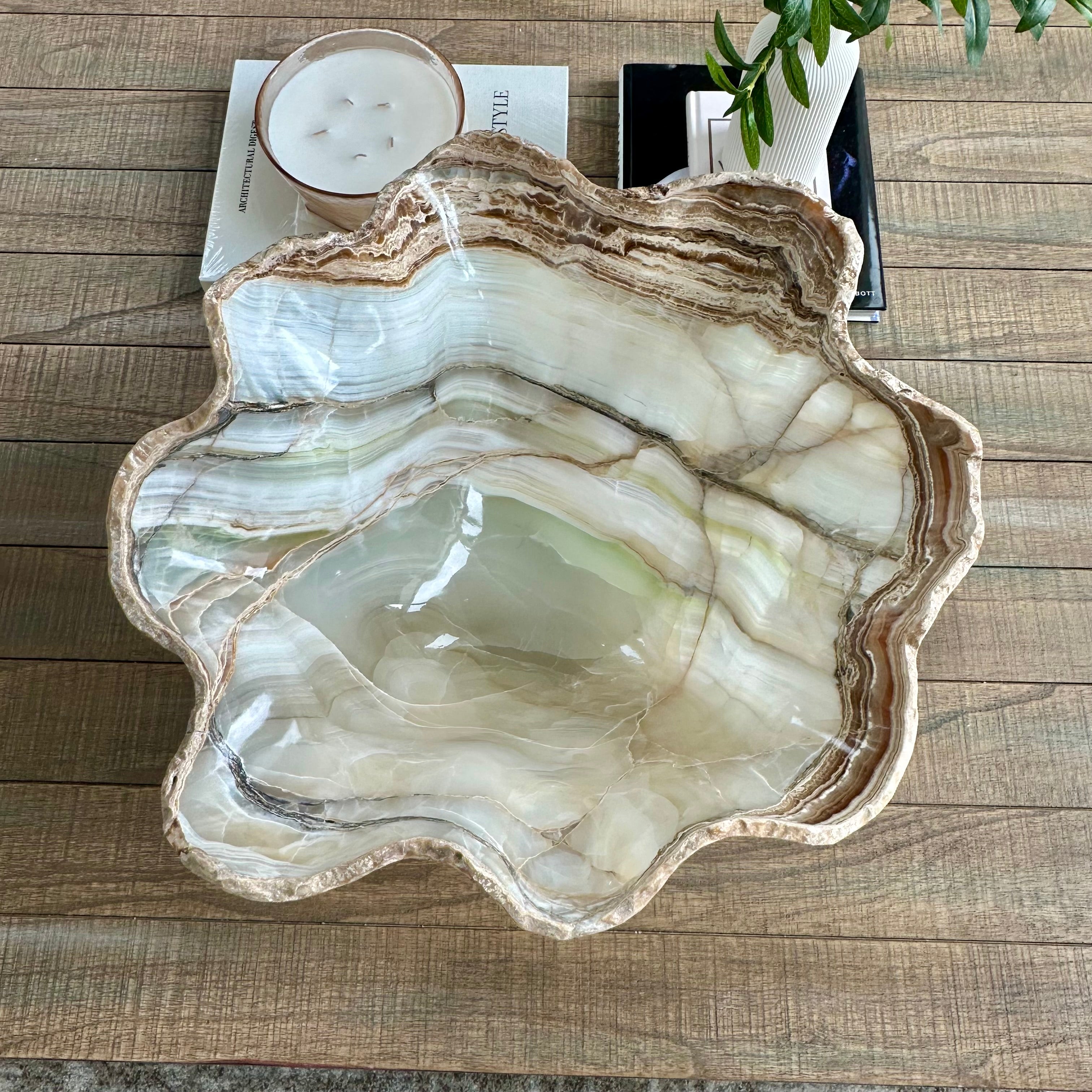 Large Hand-Carved Clear & White Onyx Bowl with Hints of Green and Amber