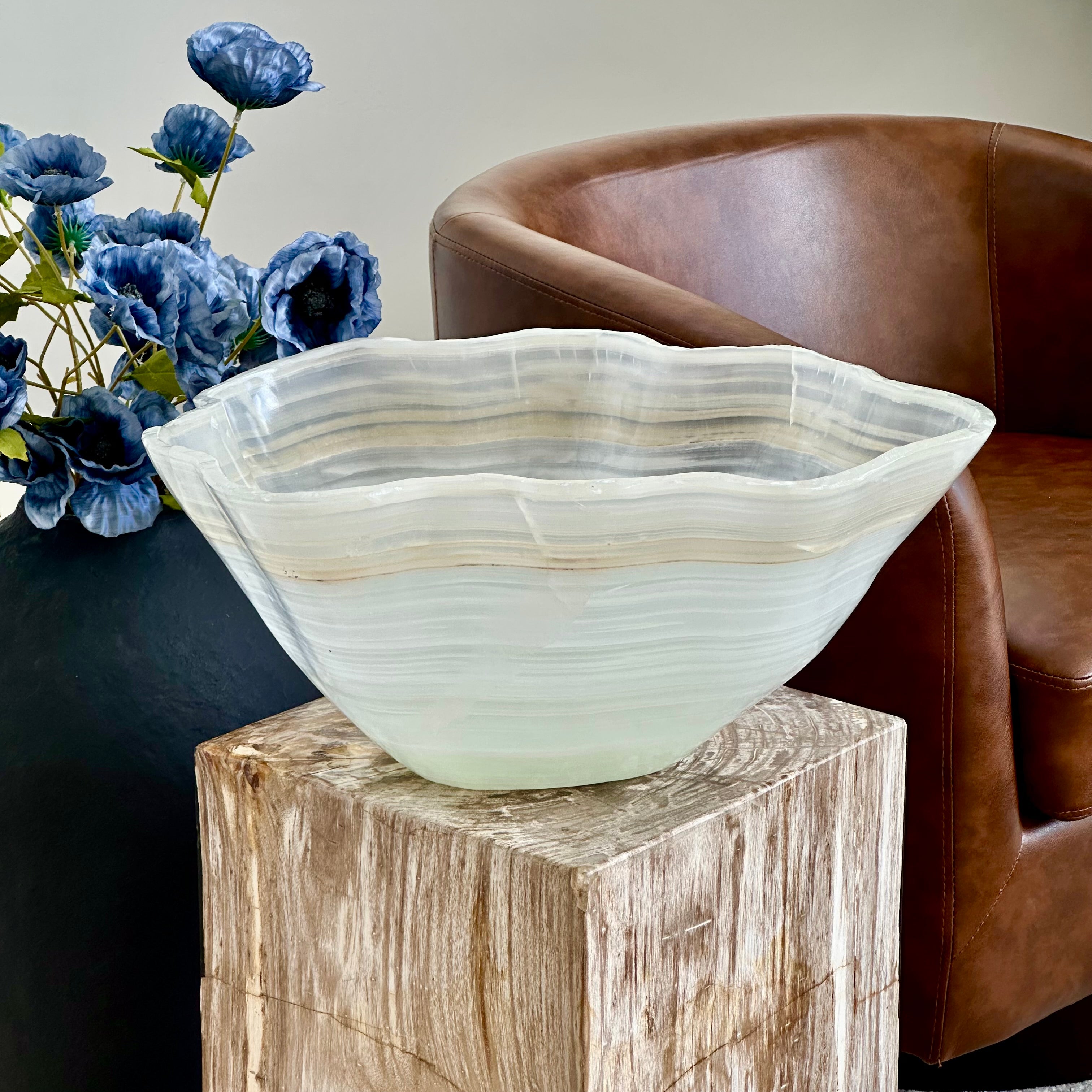 Handcrafted Layered Clear Onyx Bowl with Beige and Green Bands