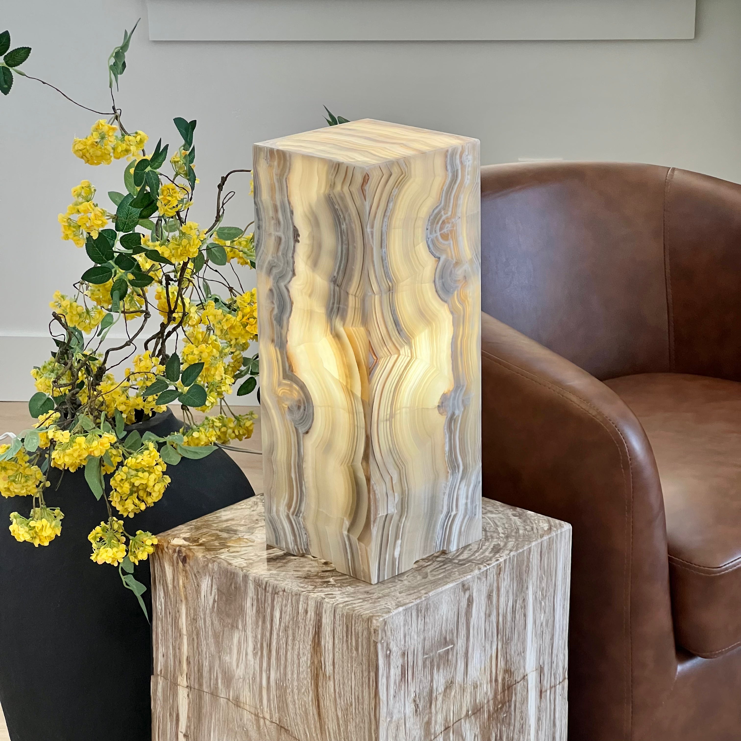 Natural Onyx Stone Table Lamp - Hand-Carved, Backlit Accent Light