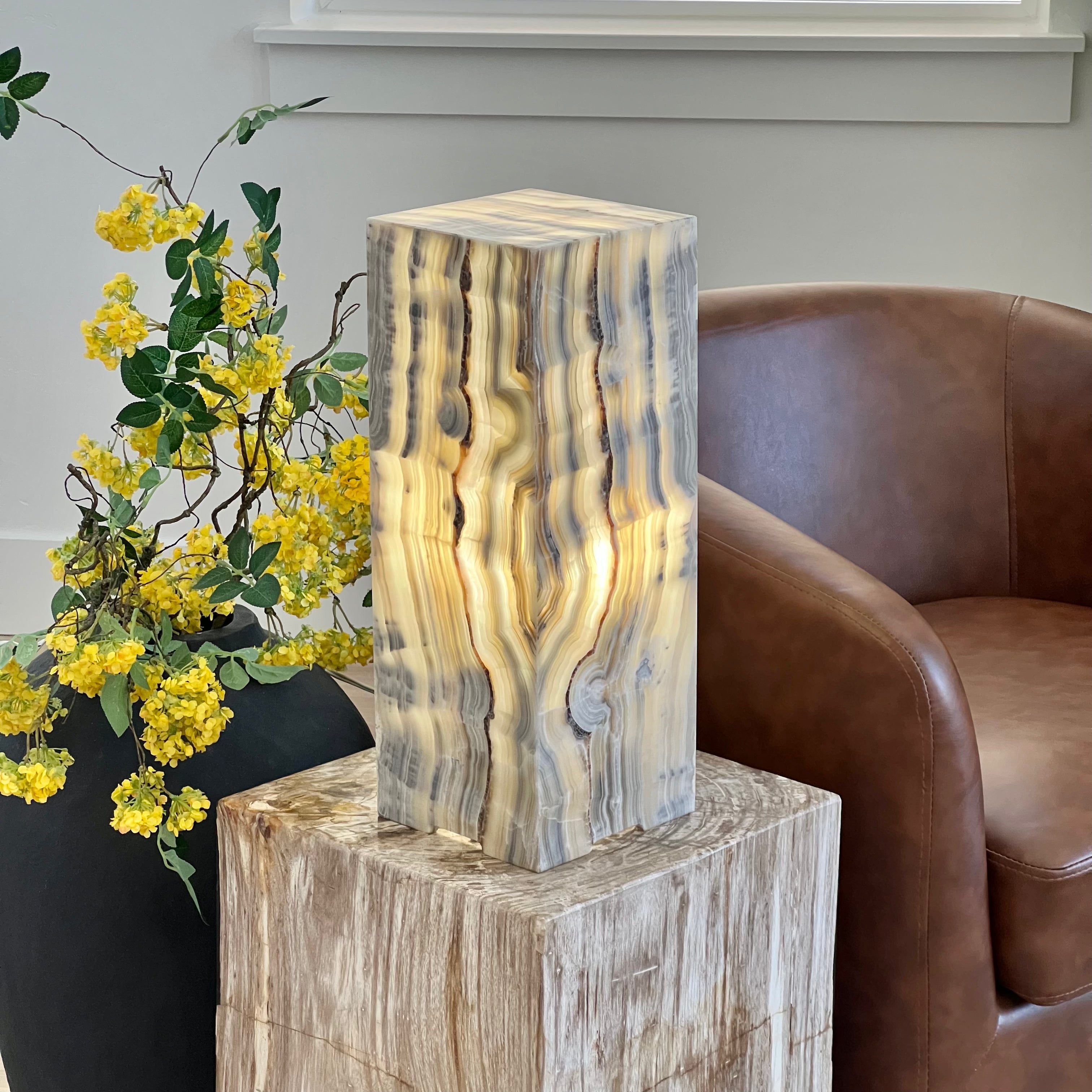 Natural Onyx Stone Table Lamp - Hand-Carved, Backlit Accent Light