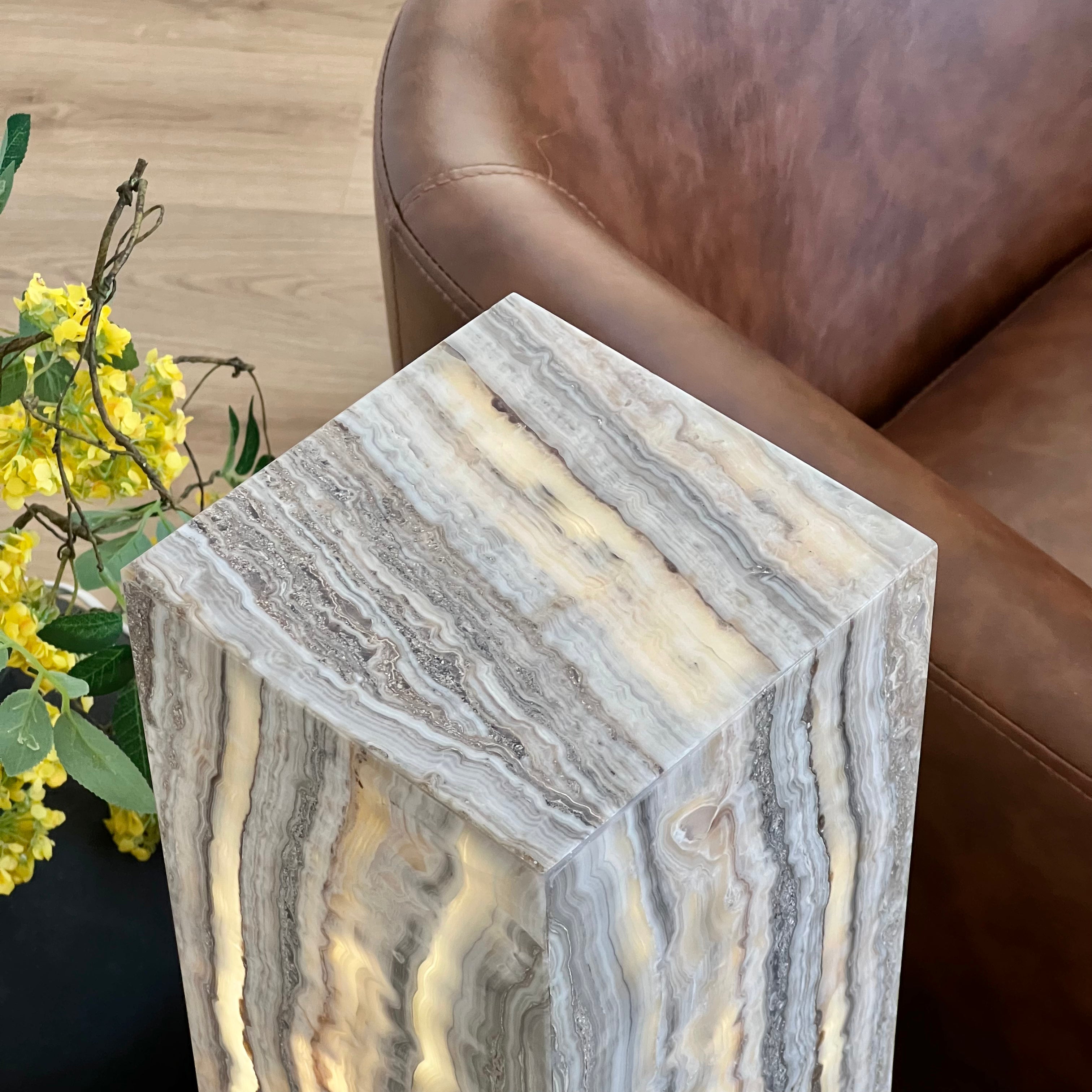 Gray & Amber Handcrafted Natural Onyx Stone Lamp – Rectangular Column