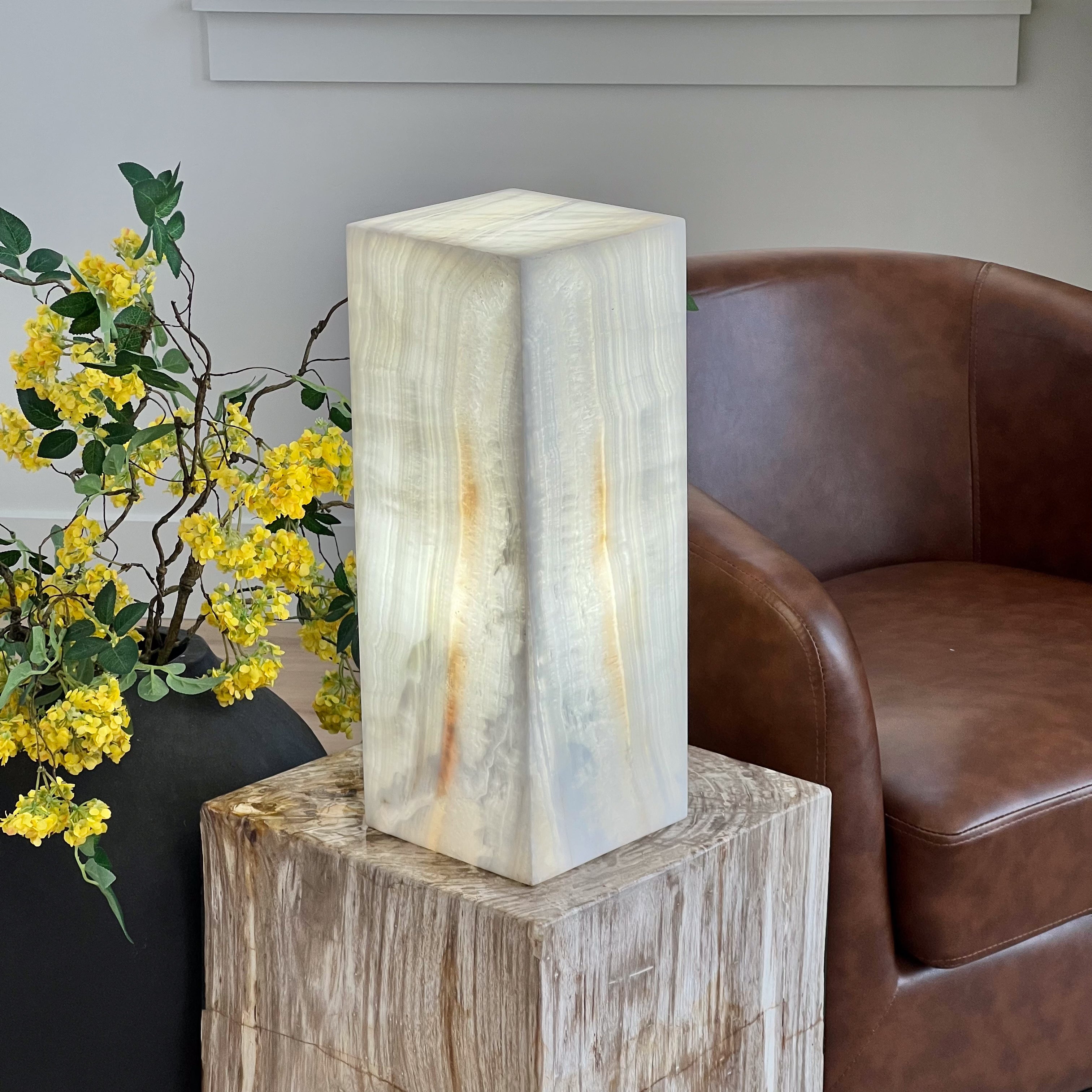 White and Honey Vein Hand-Carved Mexican Onyx Tower Lamp