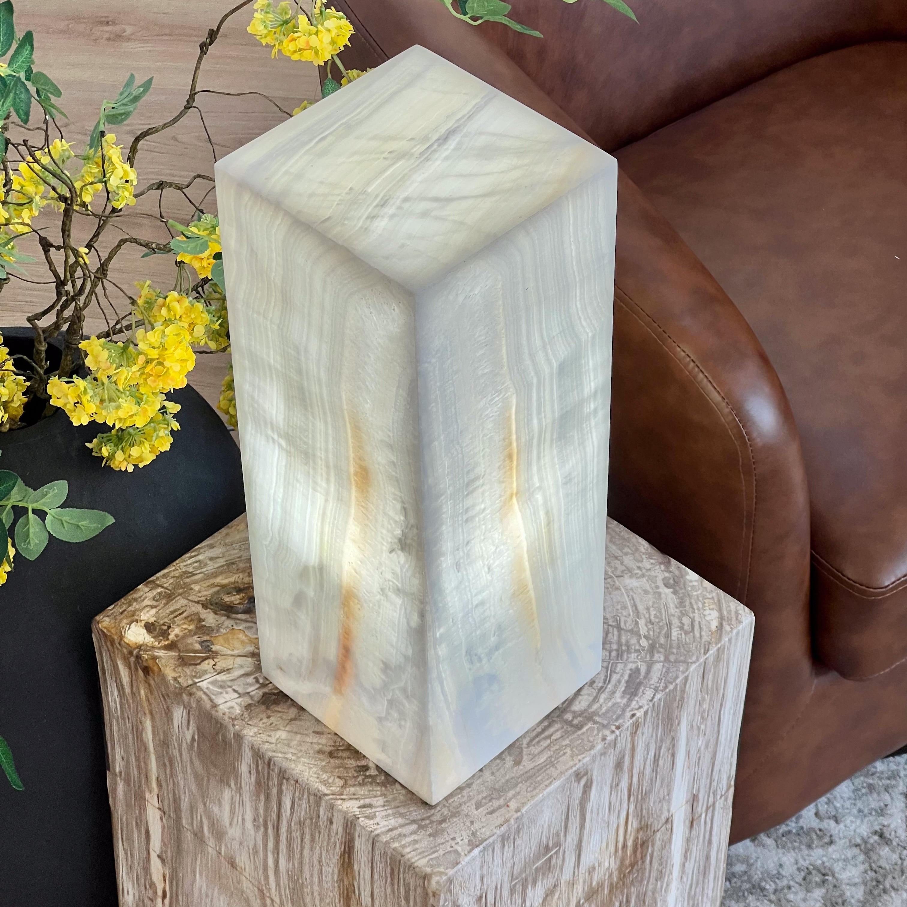 White and Honey Vein Hand-Carved Mexican Onyx Tower Lamp