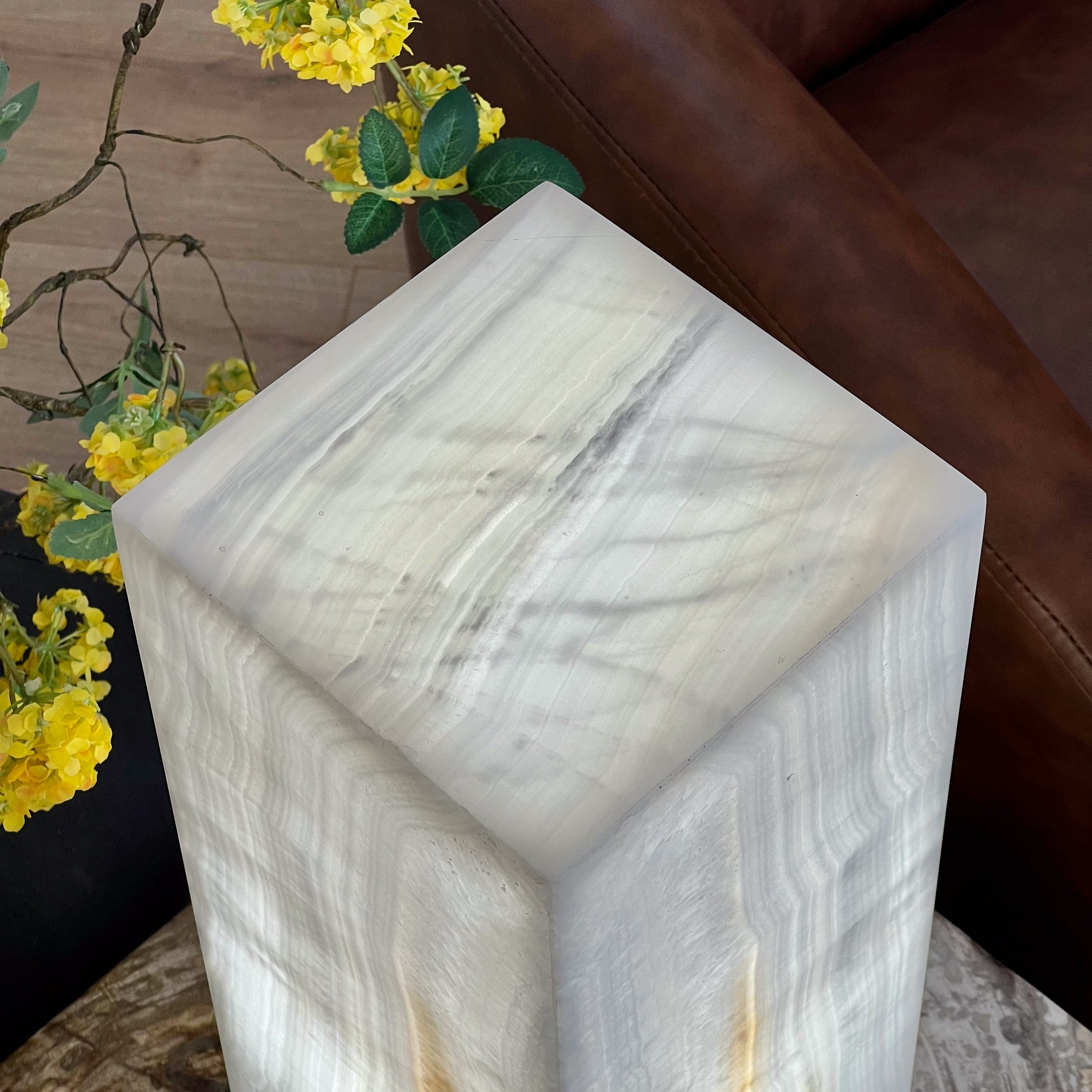 White and Honey Vein Hand-Carved Mexican Onyx Tower Lamp