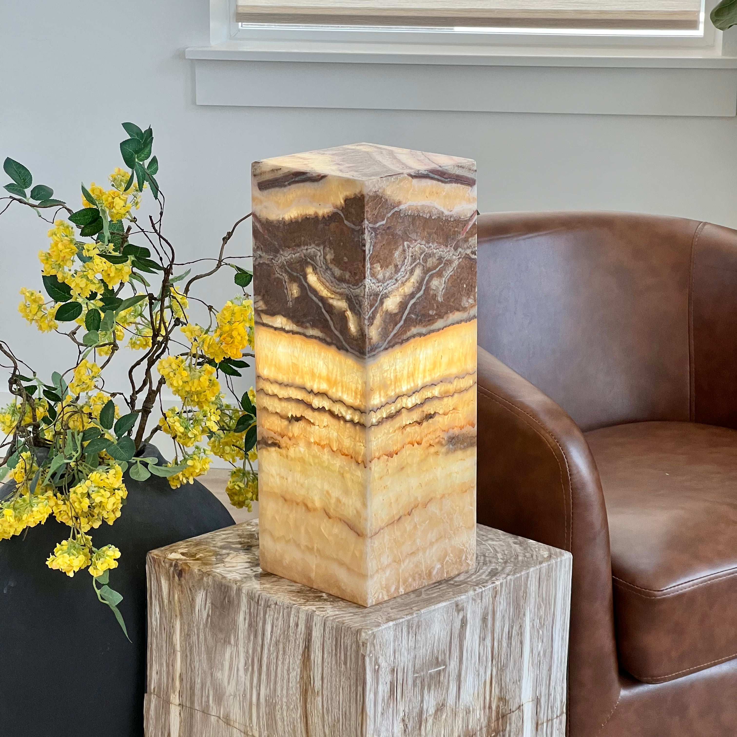Layered Caramel and Espresso Hand-Carved Mexican Onyx Tower Lamp