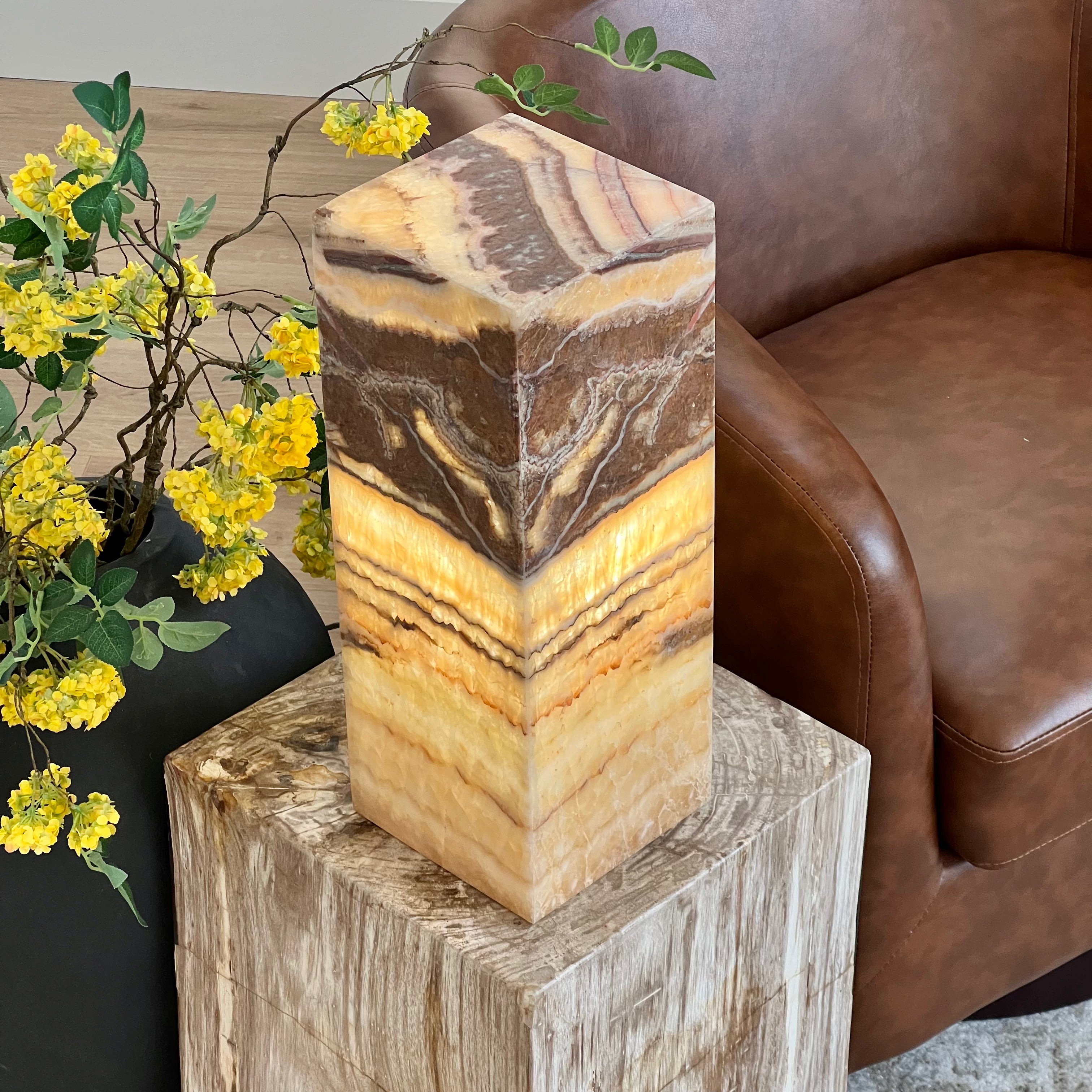 Layered Caramel and Espresso Hand-Carved Mexican Onyx Tower Lamp