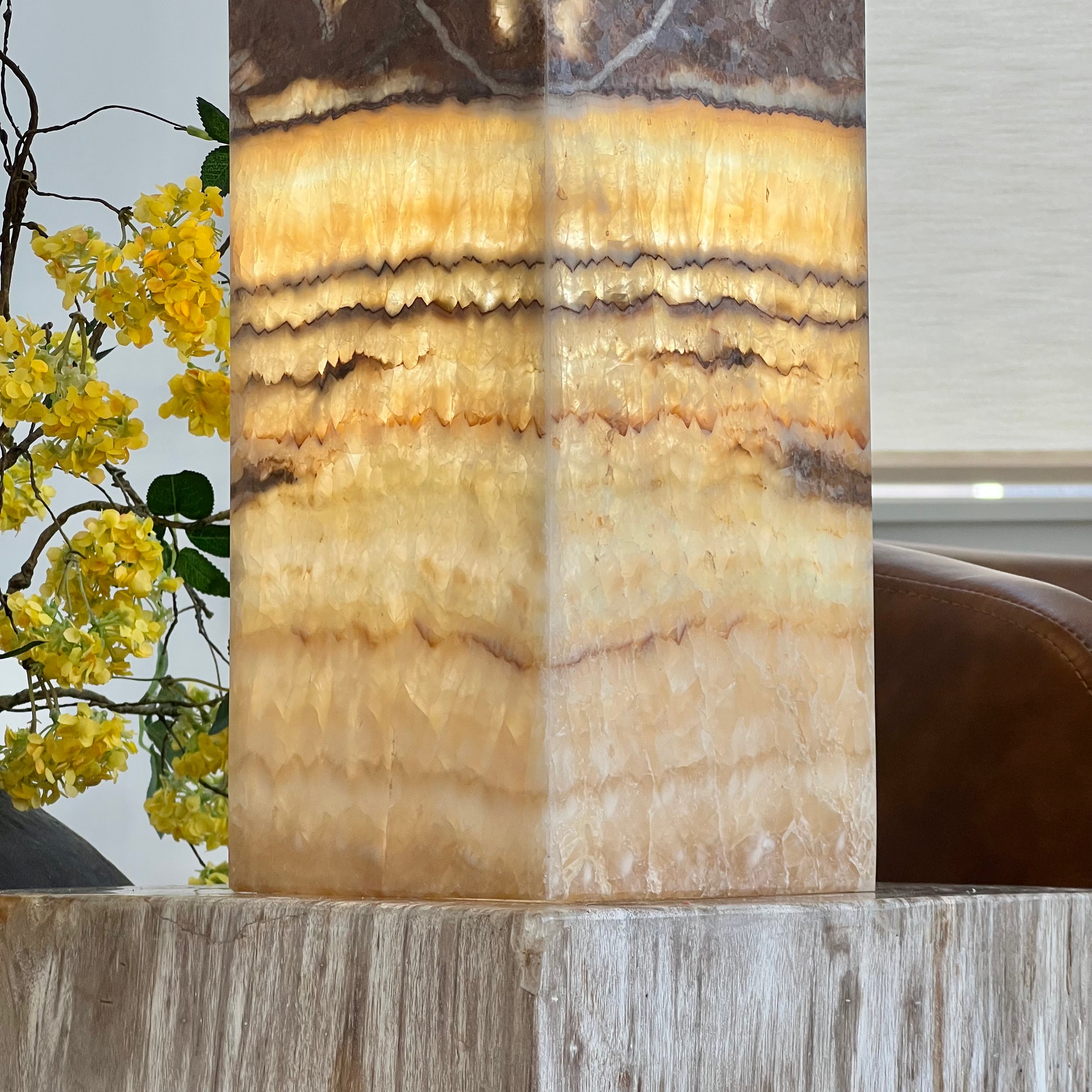 Layered Caramel and Espresso Hand-Carved Mexican Onyx Tower Lamp