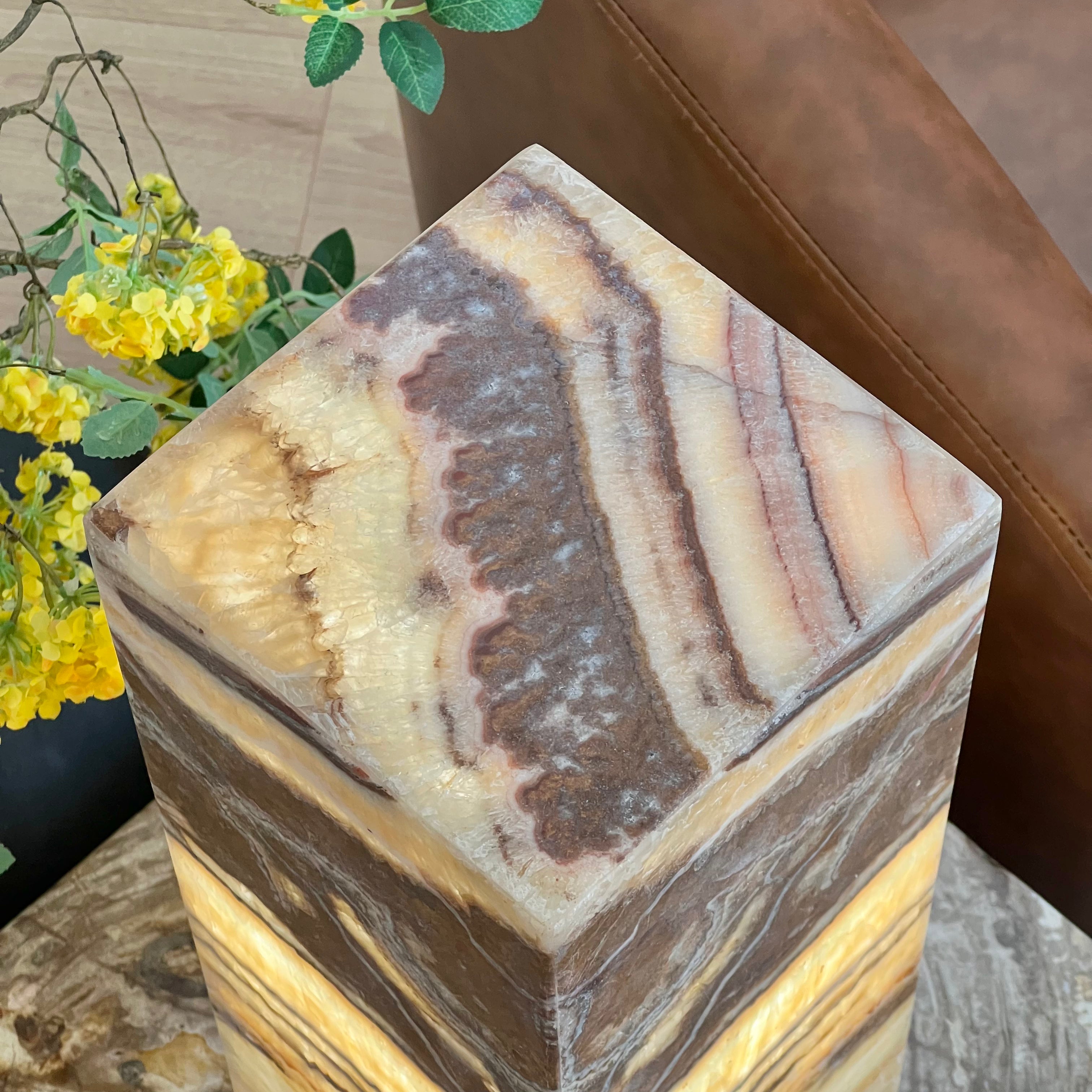 Layered Caramel and Espresso Hand-Carved Mexican Onyx Tower Lamp